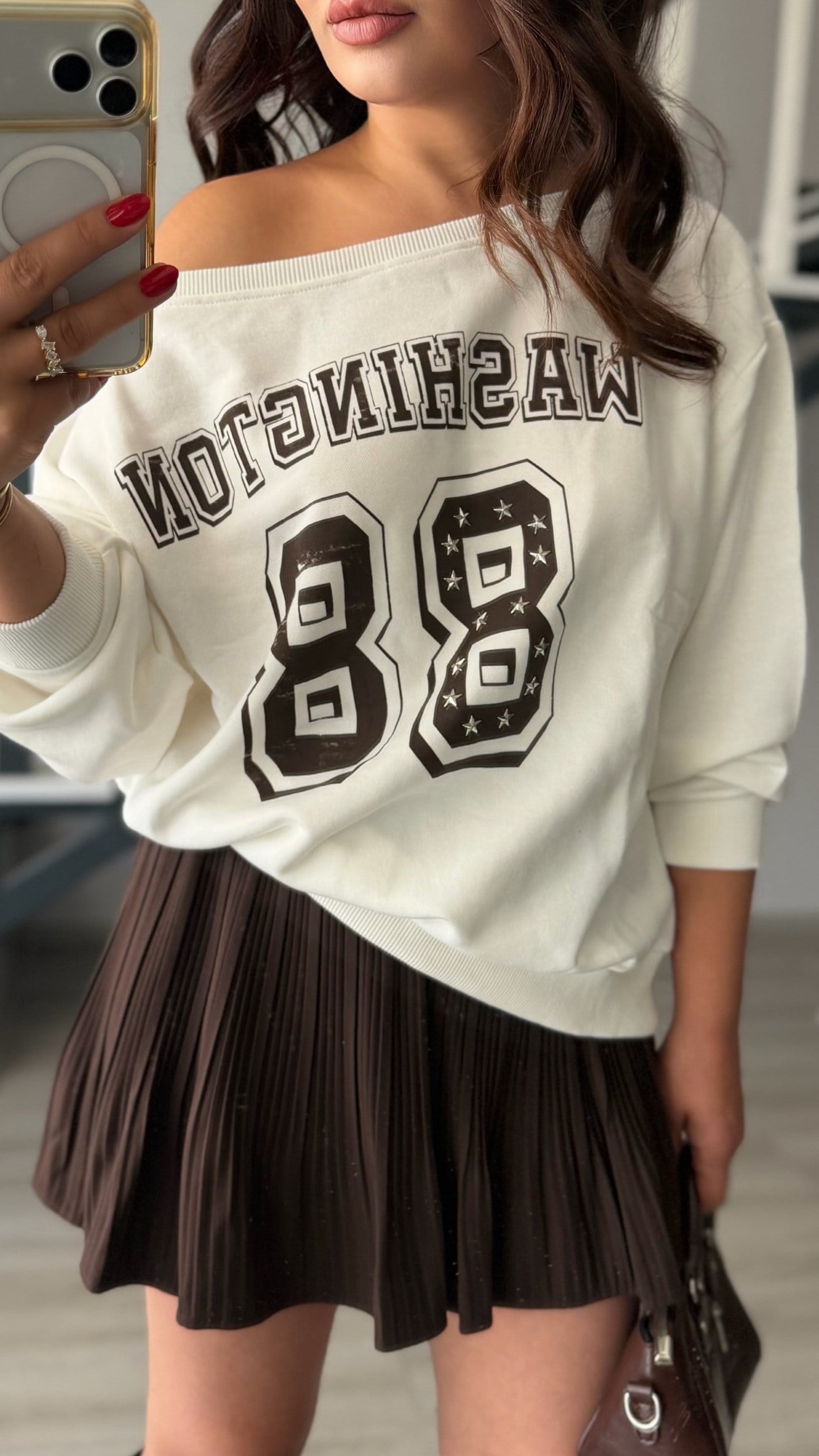 Ekru-Kahve Baskılı Düşük Omuz Sweatshirt