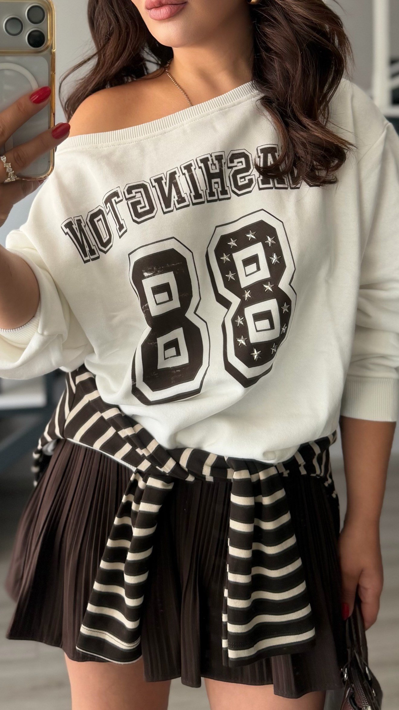 Ekru-Kahve Baskılı Düşük Omuz Sweatshirt
