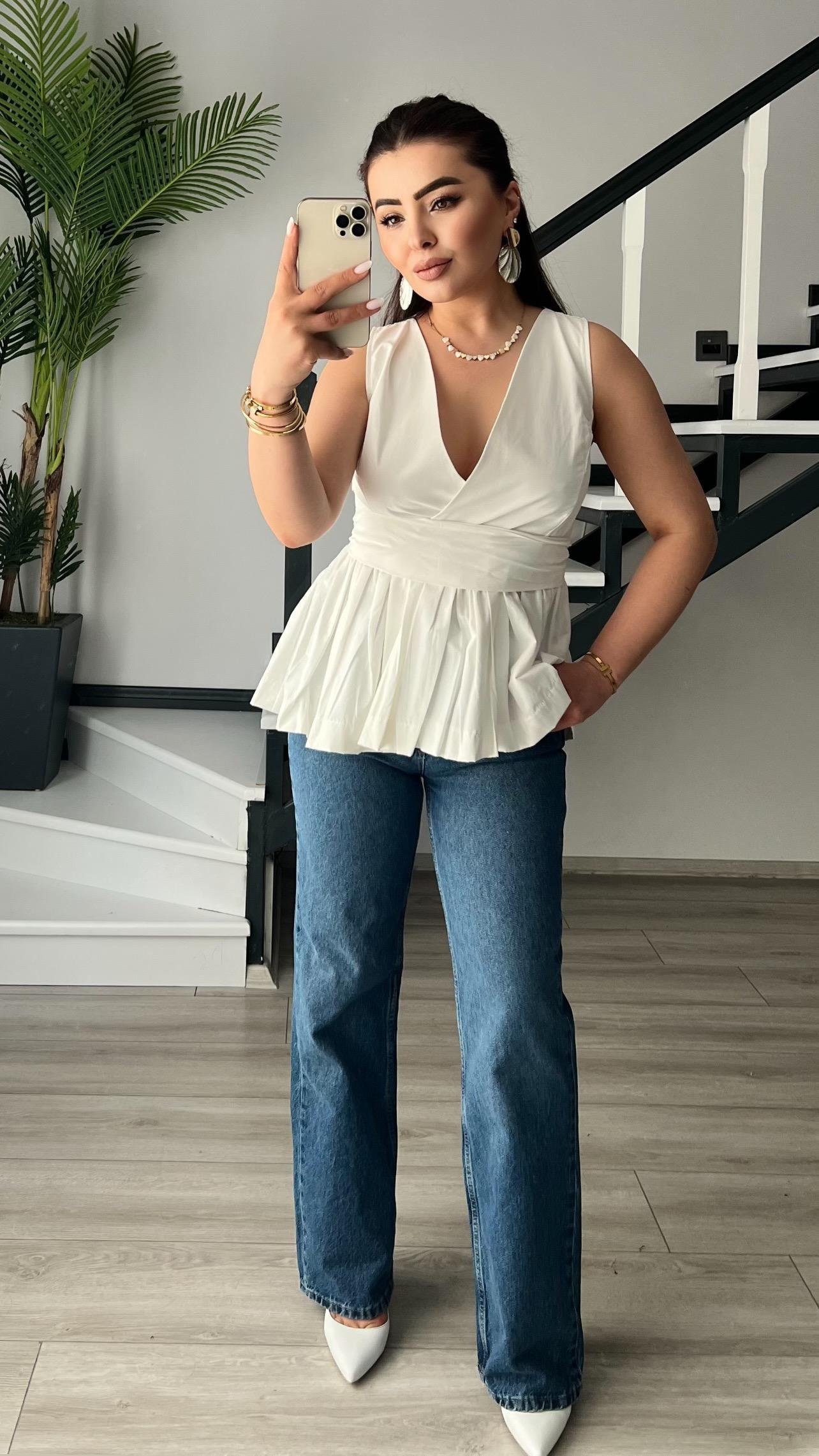 Ekru Kuşaklı Poplin Bluz
