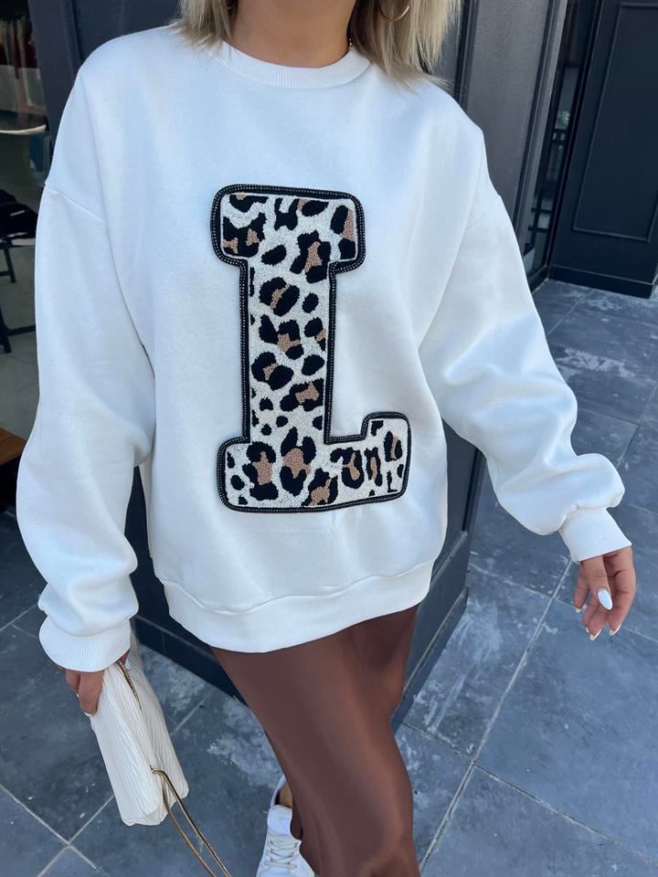 Ekru L Nakışlı Sweatshirt