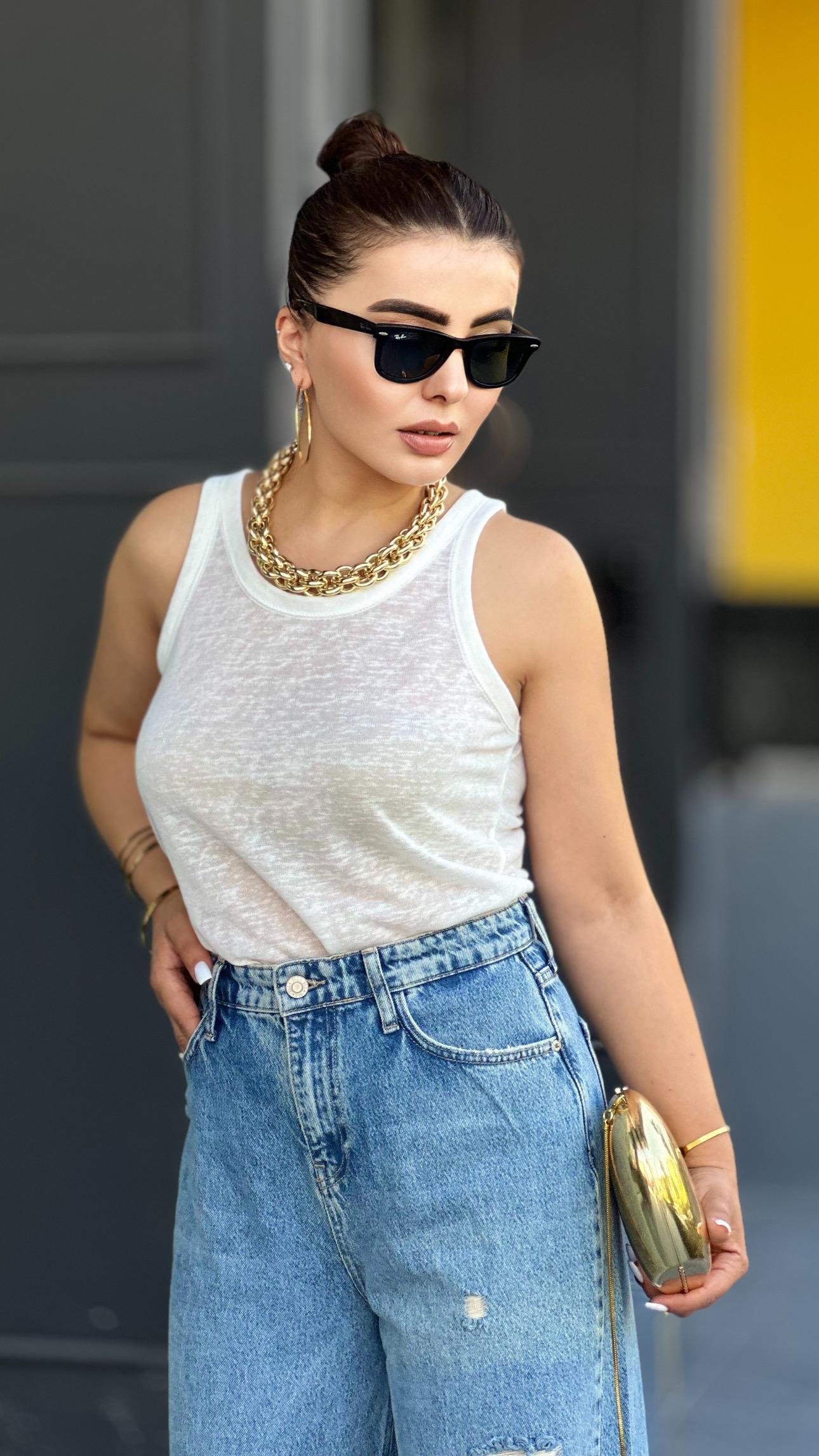 Ekru Orijinal Marka Transparan Halter Yaka Atlet 