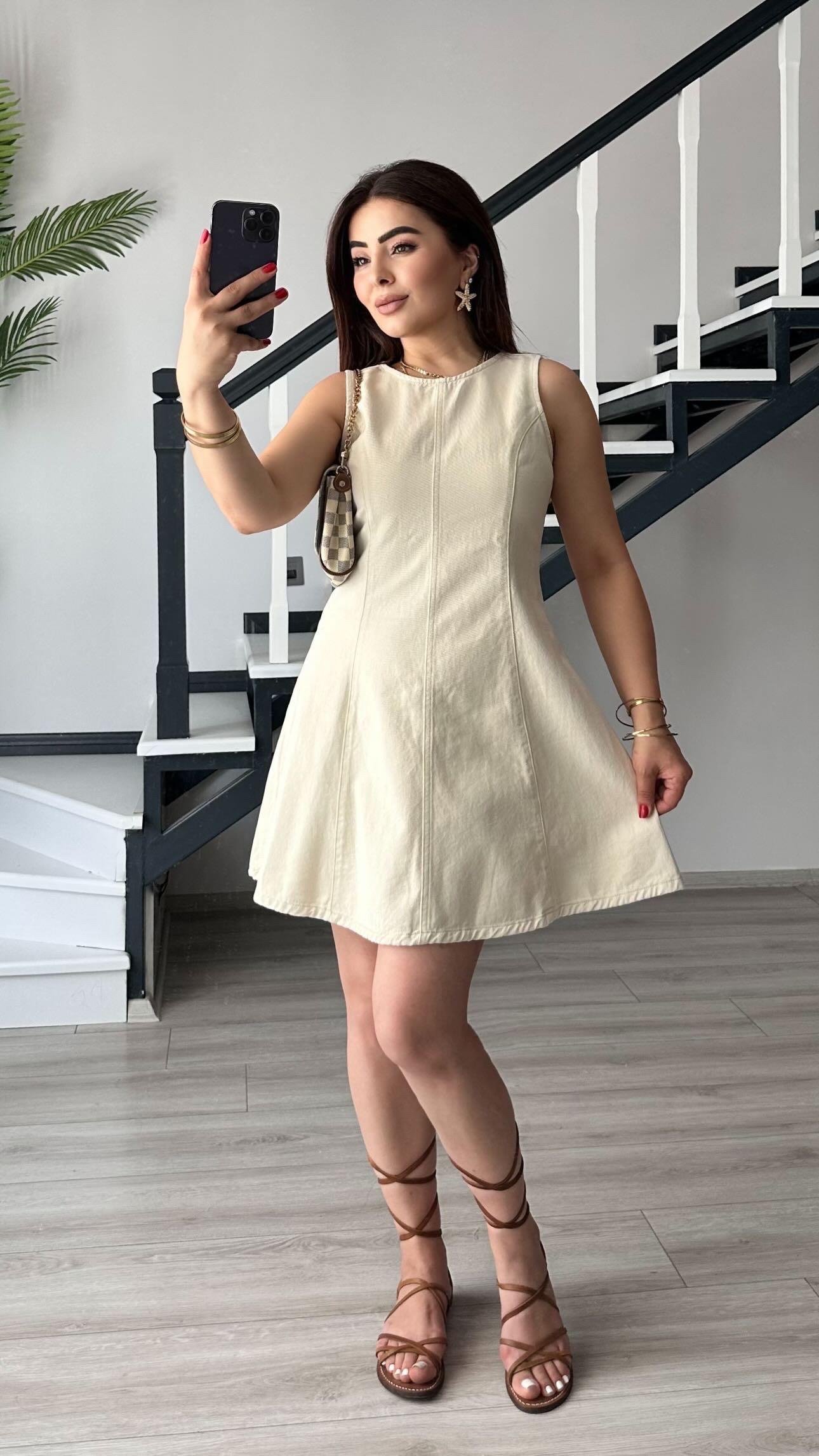 Ekru Pamuklu Godeli Elbise