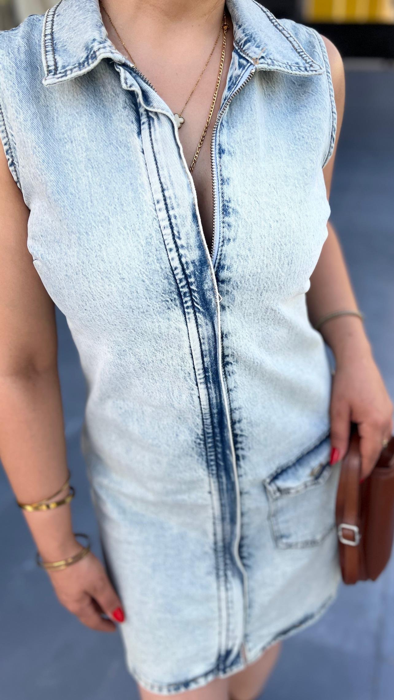 Fermuarlı Denim Elbise 