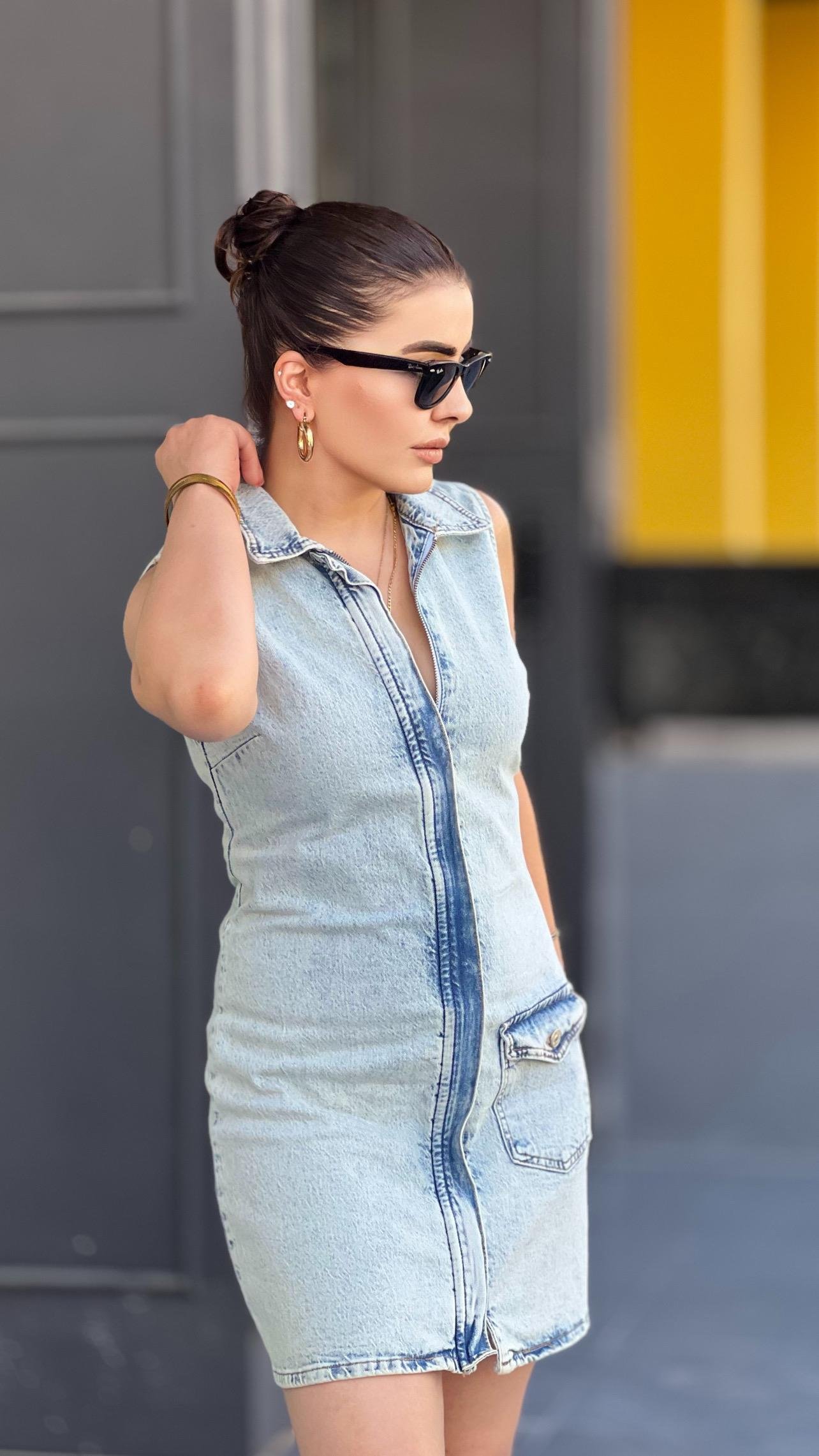 Fermuarlı Denim Elbise 