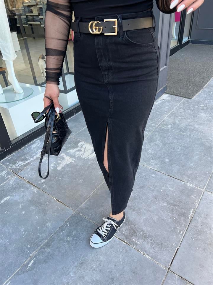 Füme Denim Midi Boy Yırtmaçlı Etek