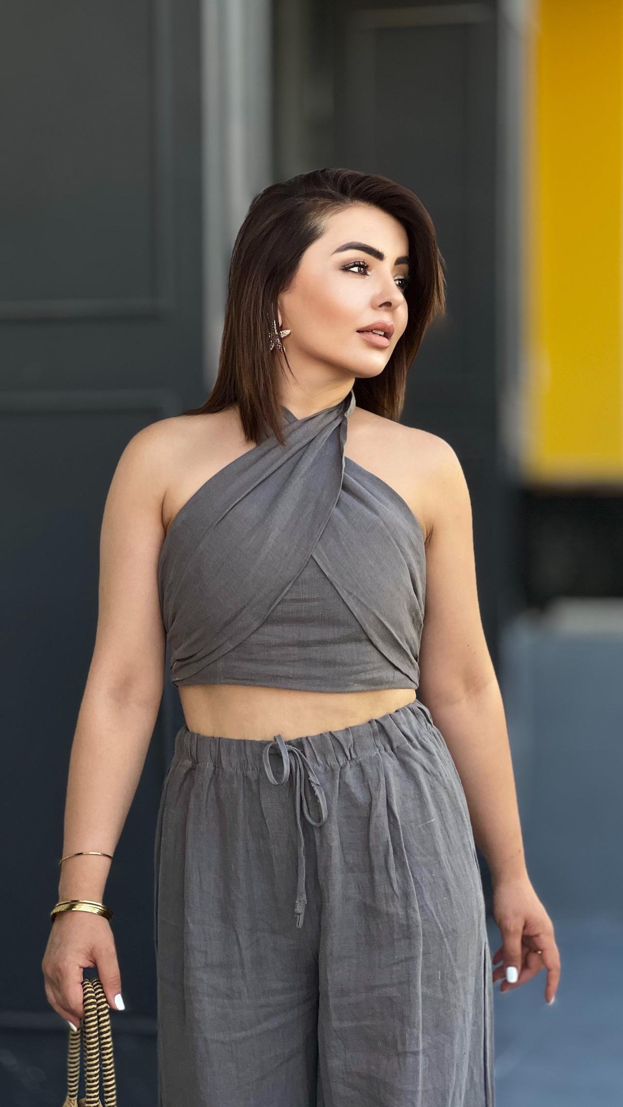Füme Marka Model Keten Crop-Pantolon Takım 