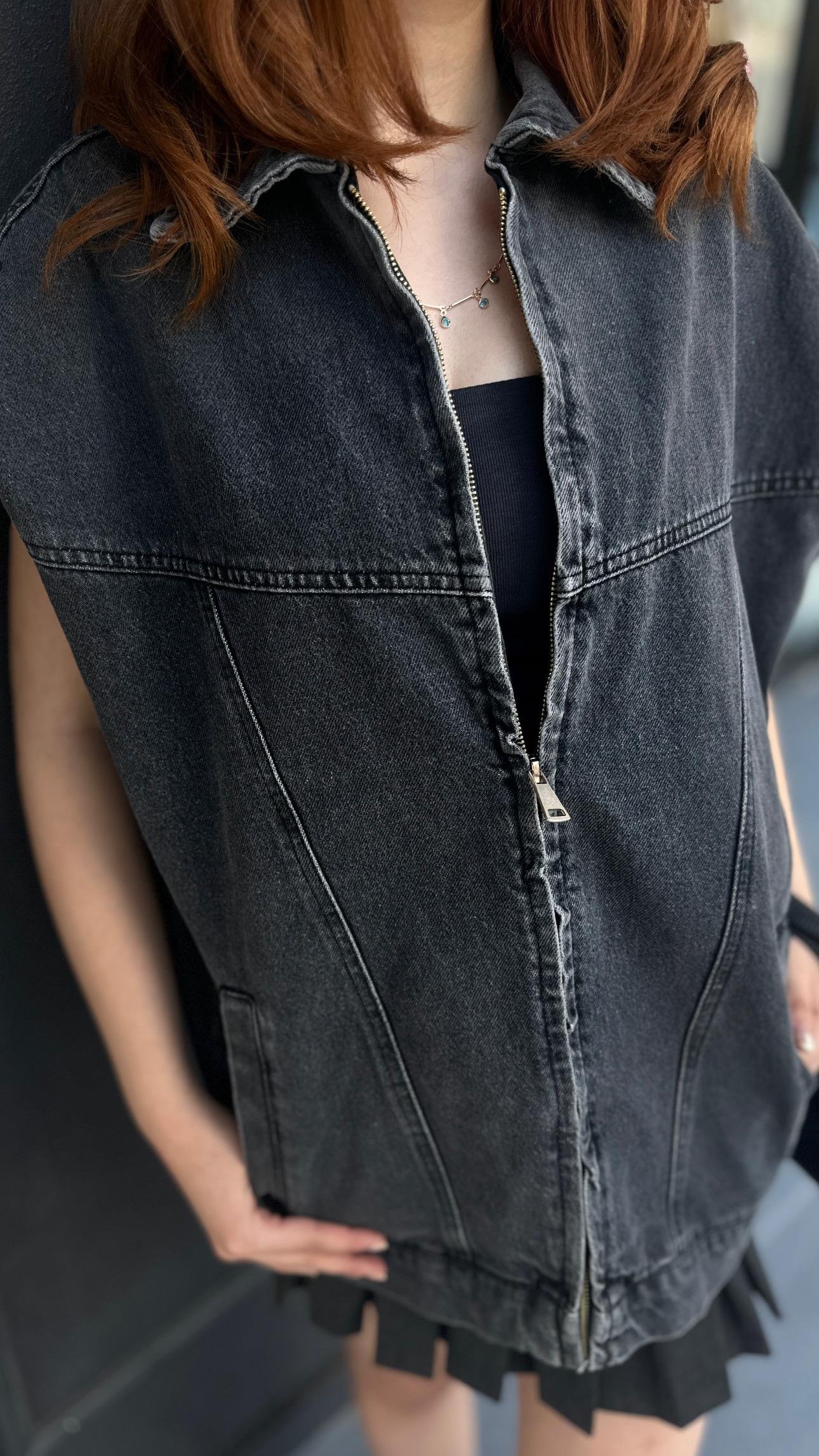 Füme Vatkalı Oversize Denim Yelek 