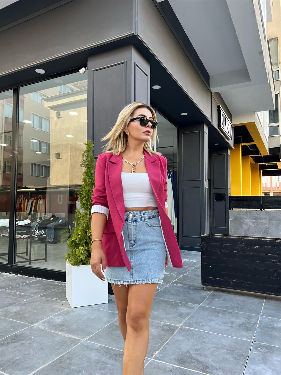 Fuşya Keten Astarı Çizgili Blazer Ceket