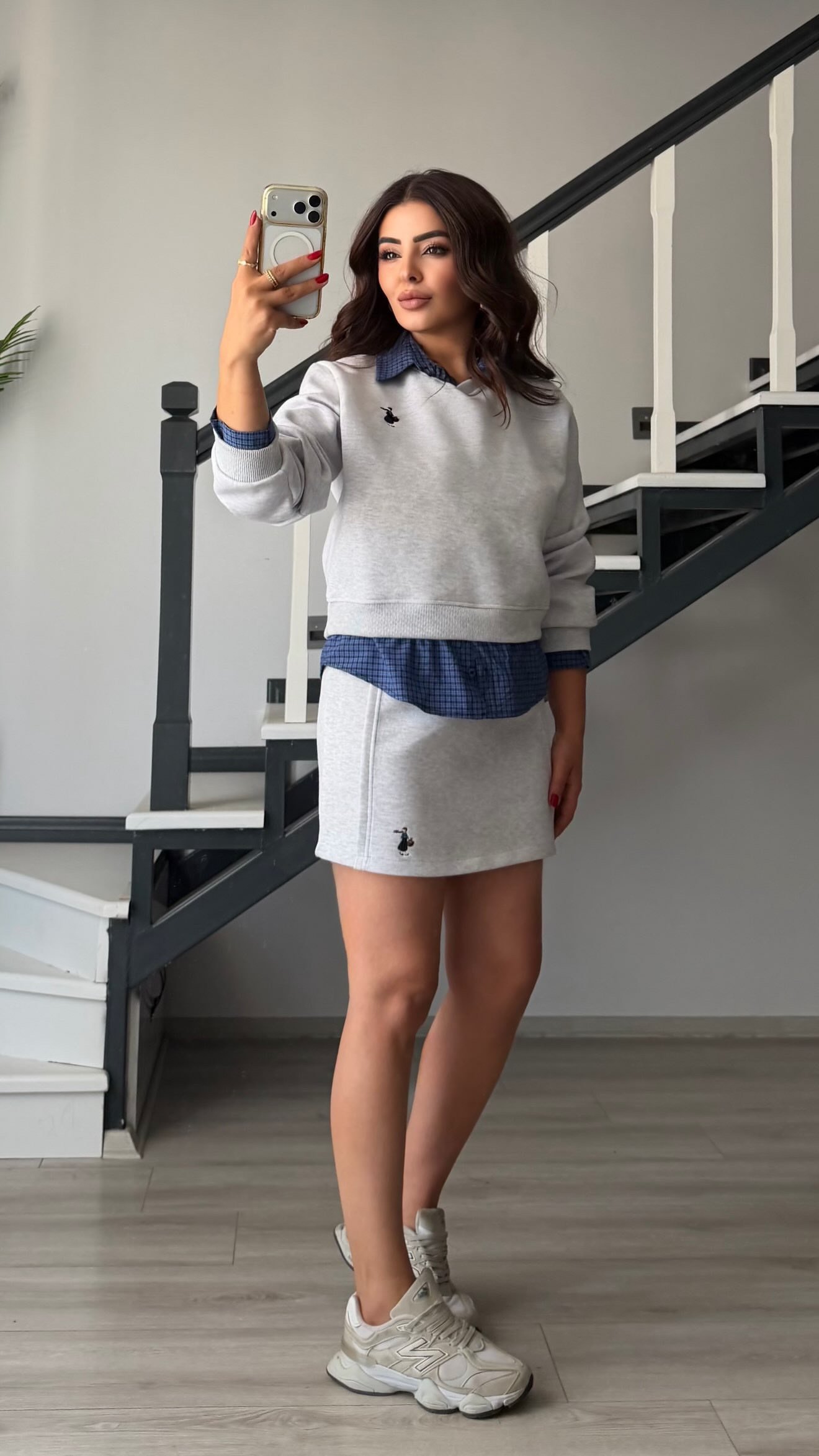 Grey Shirt Detailed Sweatshirt & Skirt Set