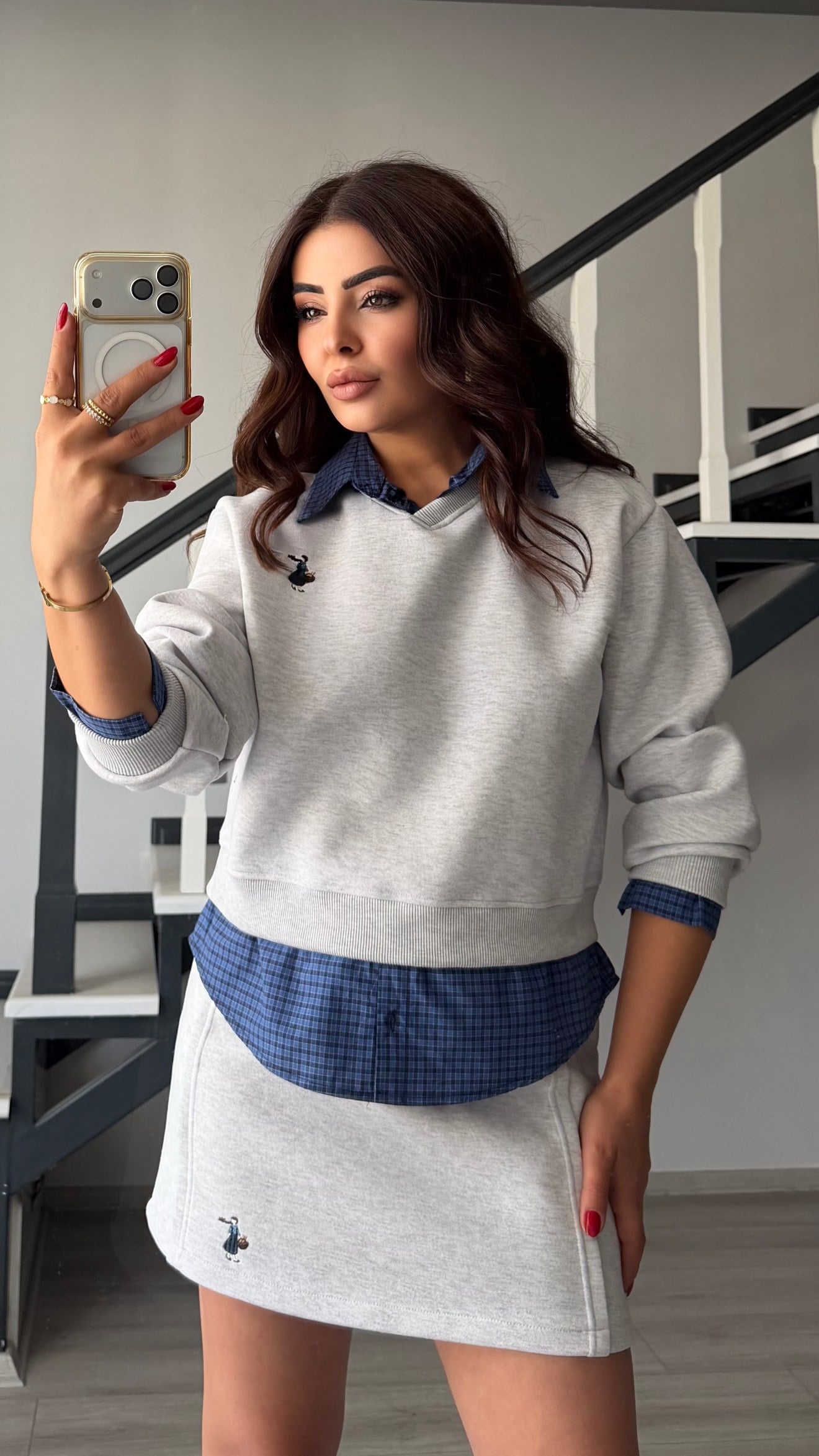 Grey Shirt Detailed Sweatshirt & Skirt Set