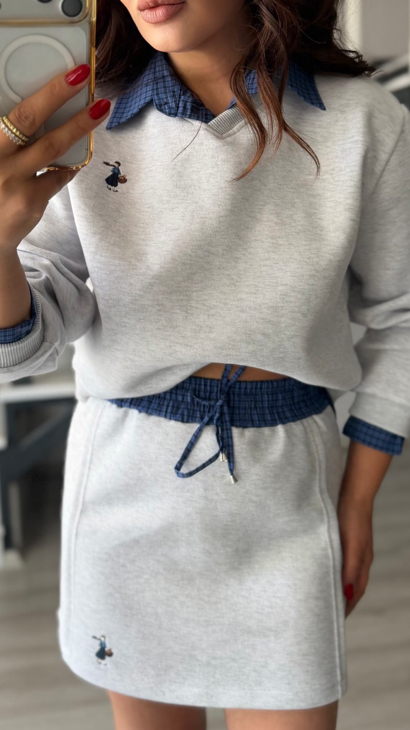 Grey Shirt Detailed Sweatshirt & Skirt Set