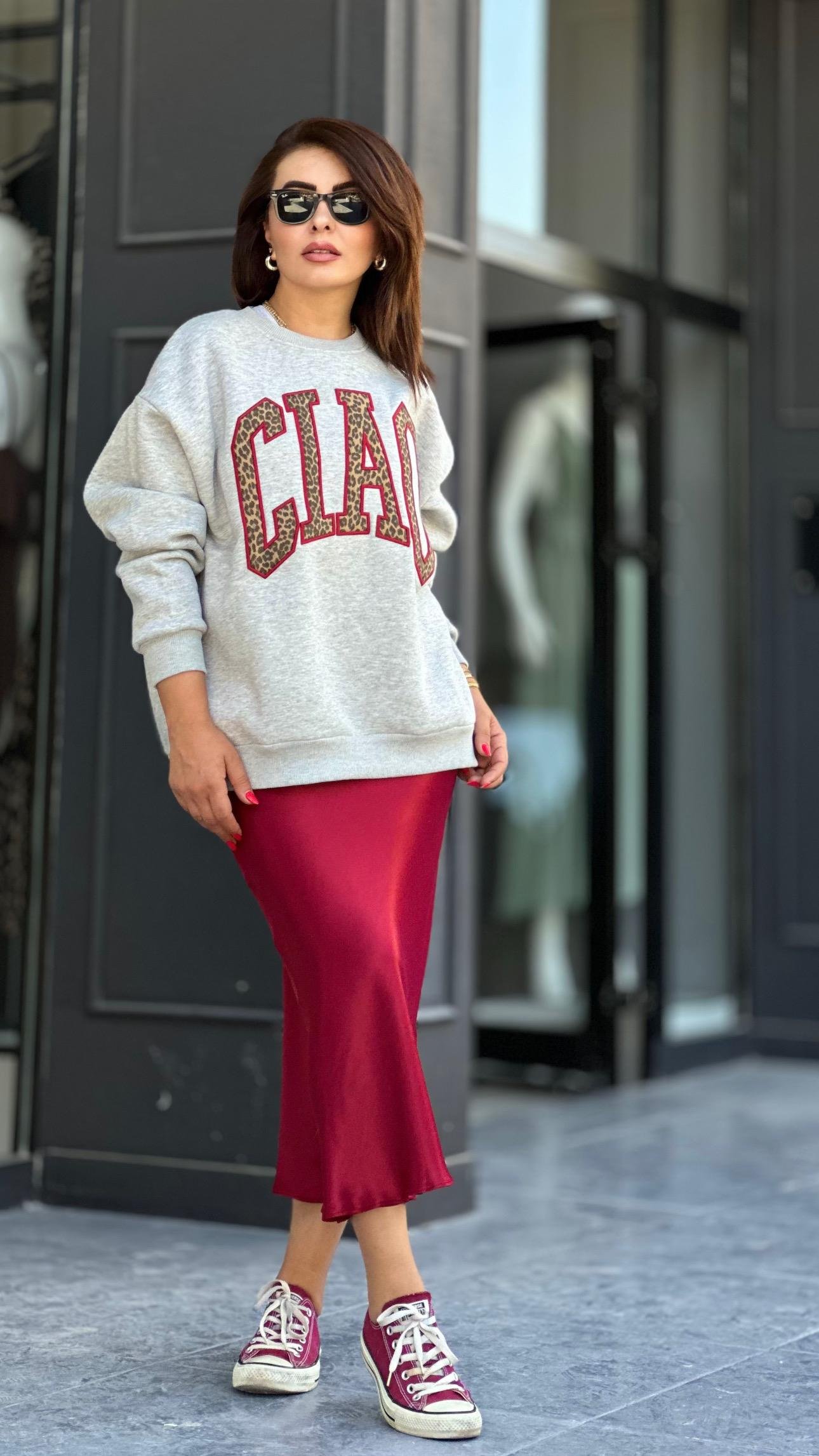 Gri Kabartmalı CIAO Baskılı Sweatshirt 