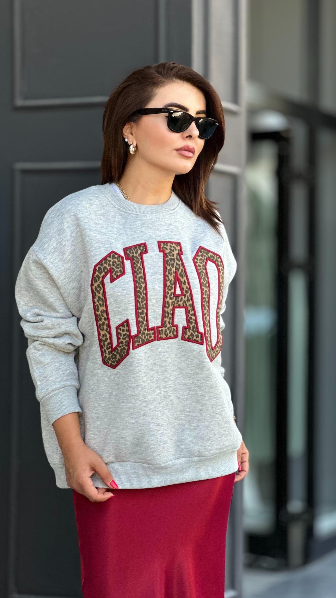 Gri Kabartmalı CIAO Baskılı Sweatshirt 