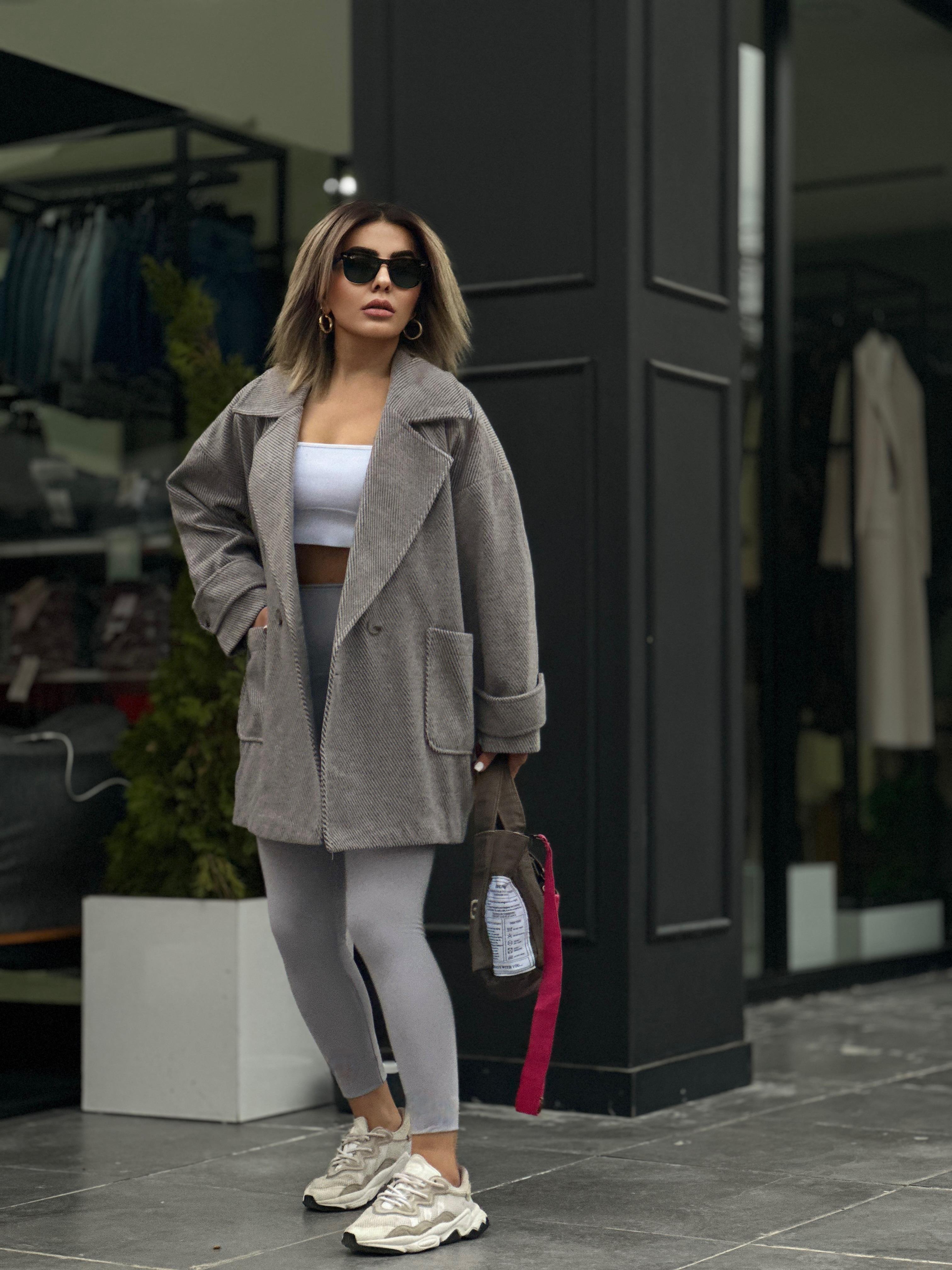 Gri Kaşmir Doku Oversize Kaban 