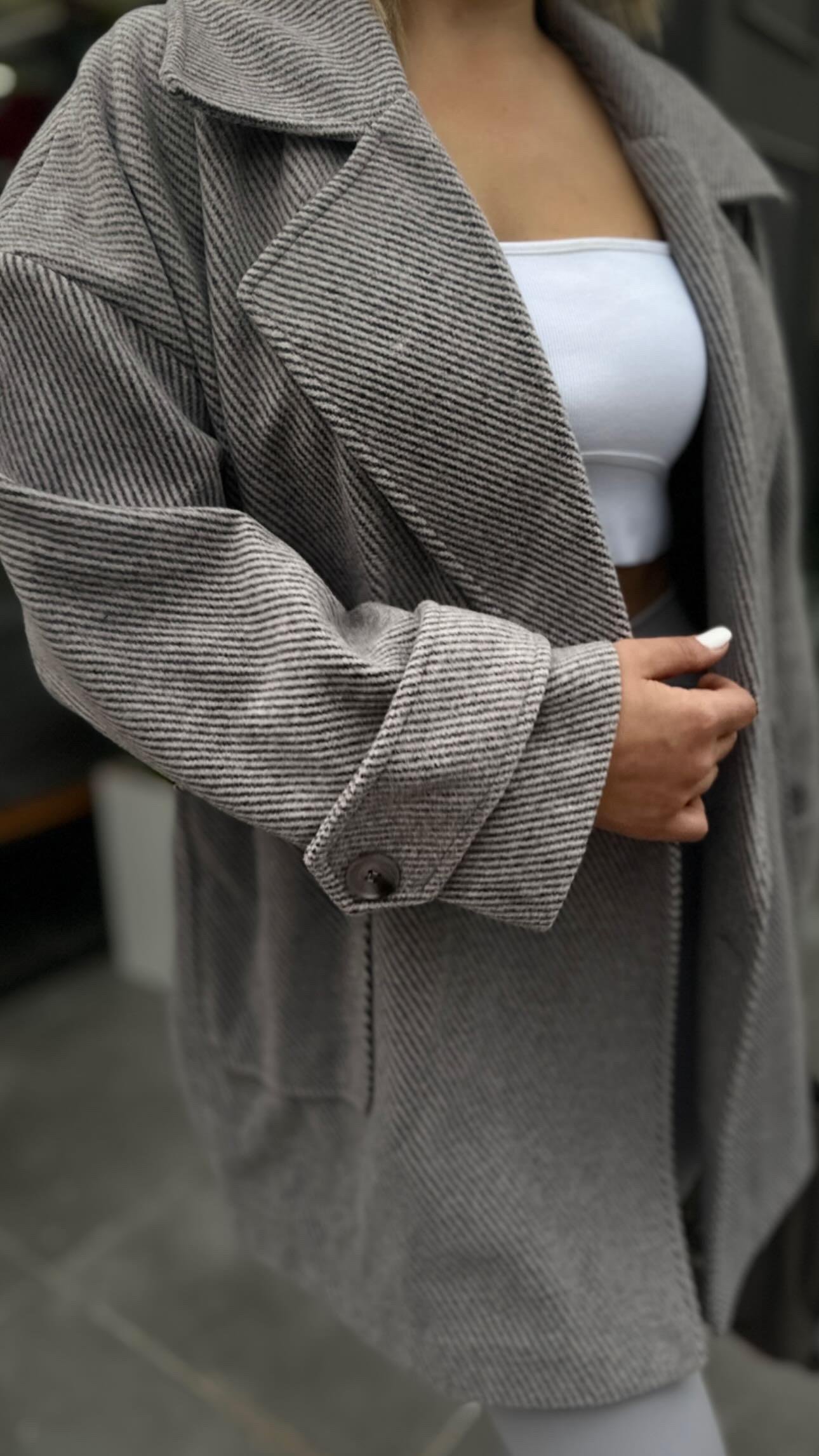 Gri Kaşmir Doku Oversize Kaban 