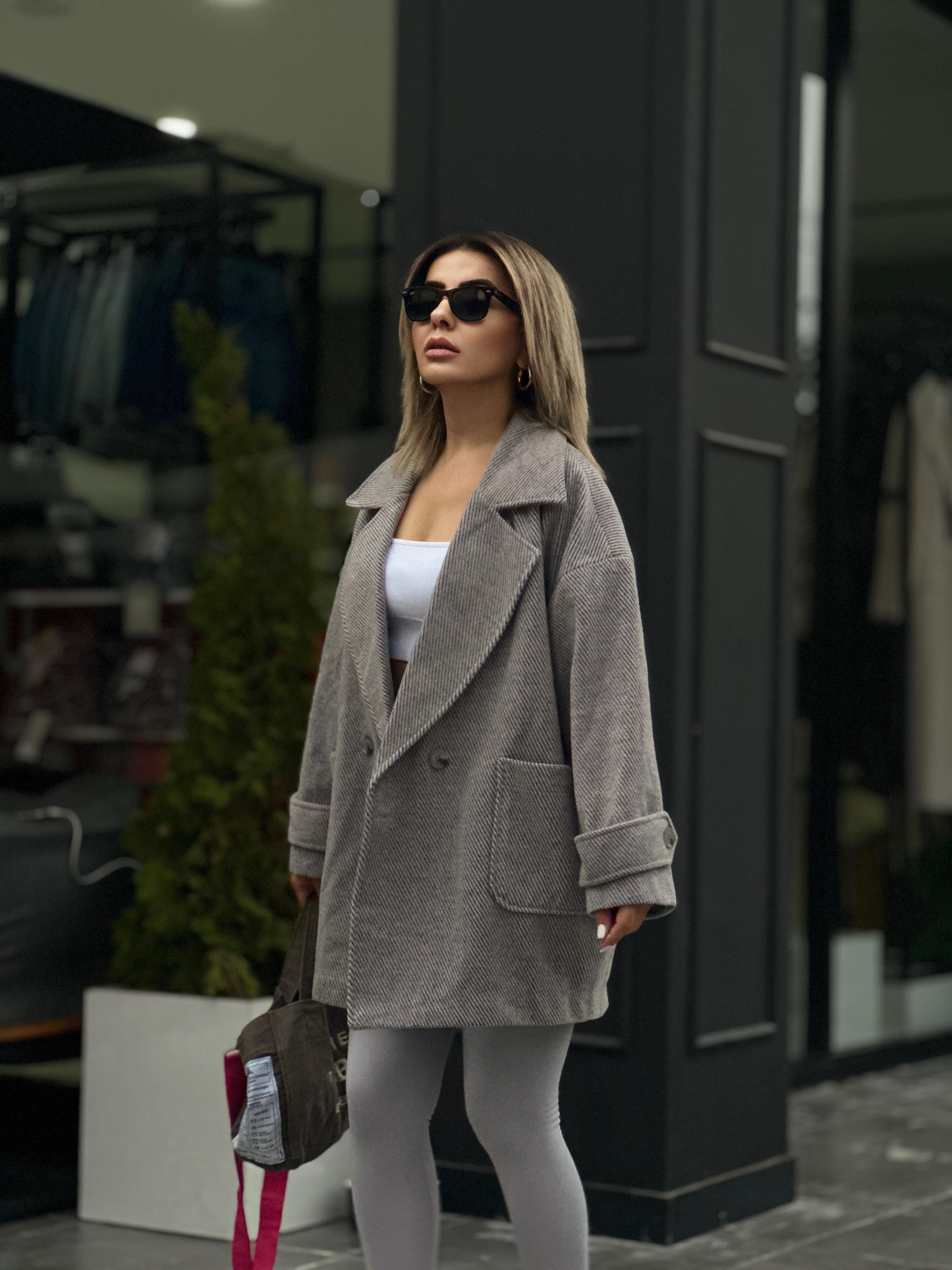 Gri Kaşmir Doku Oversize Kaban 