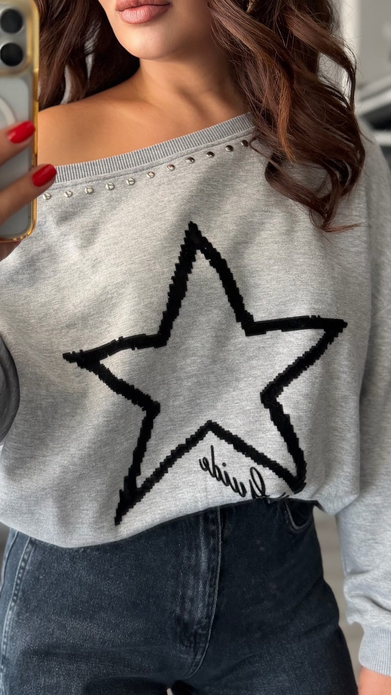 Gri Kayık Yaka Zımba Detaylı Sweatshirt