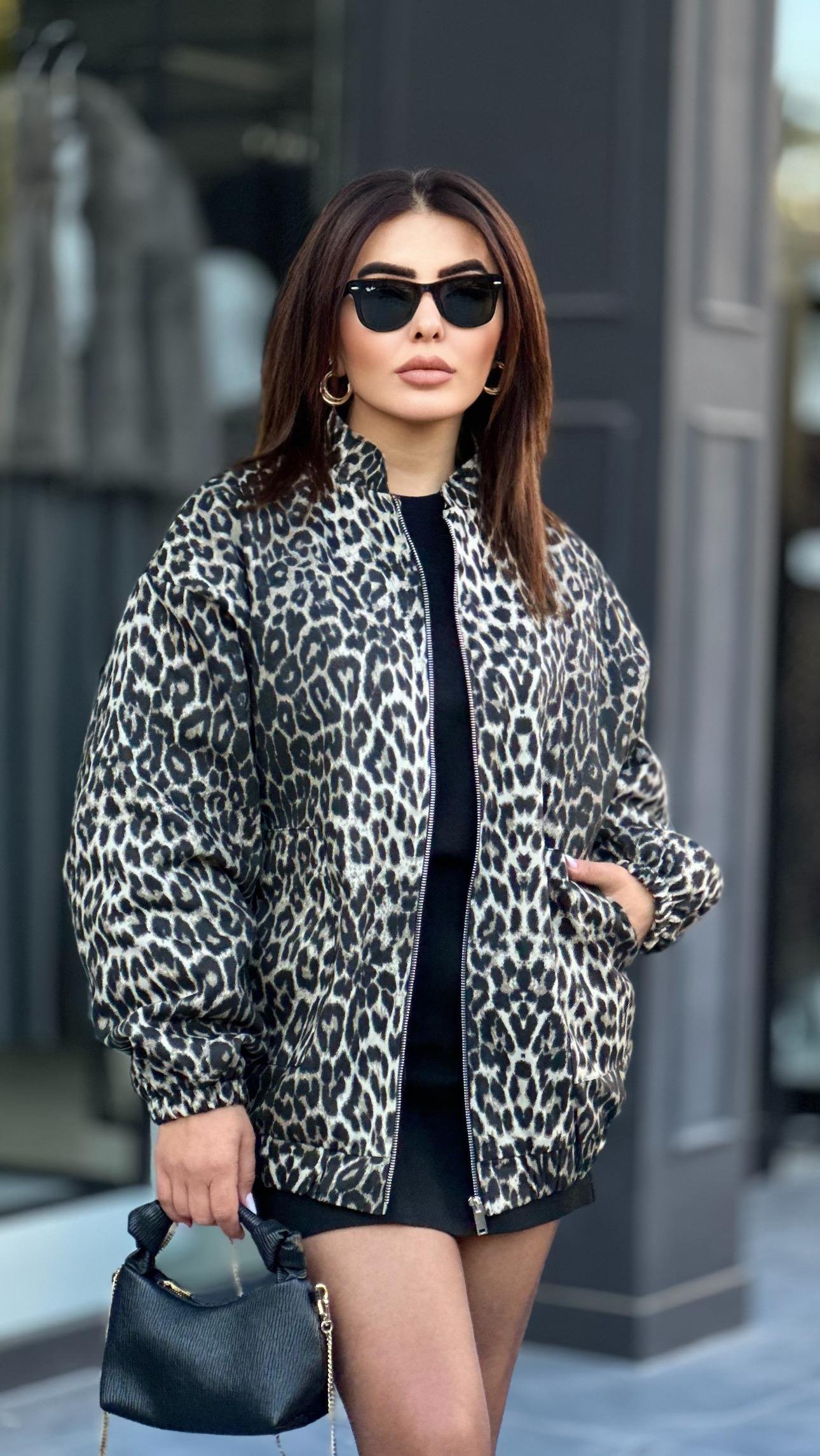 Gri Leopar Desen Bomber Ceket