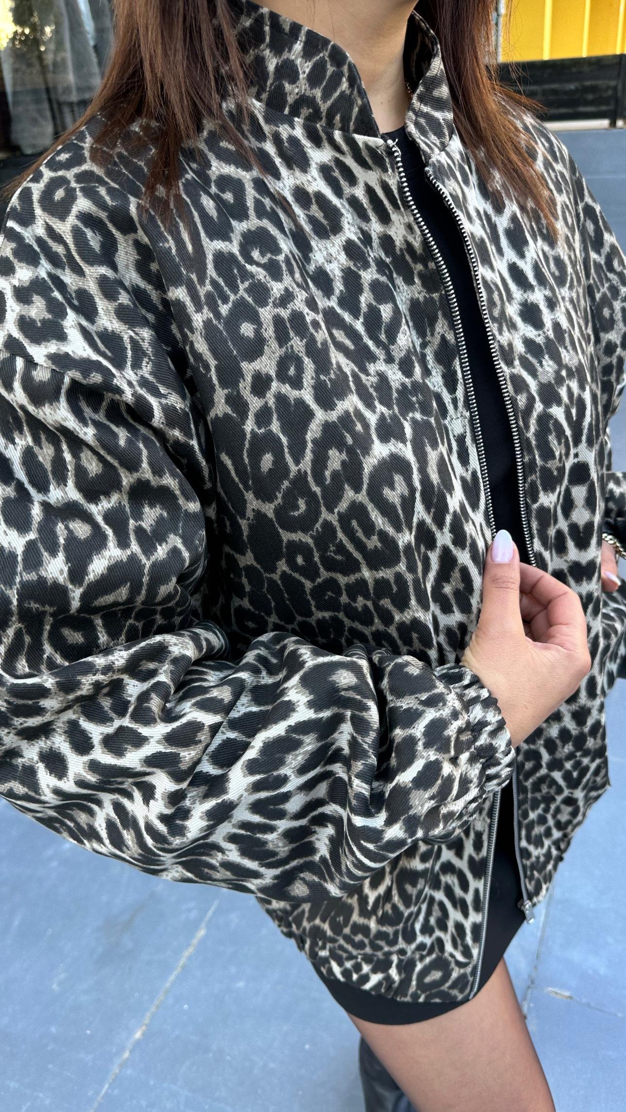 Gri Leopar Desen Bomber Ceket
