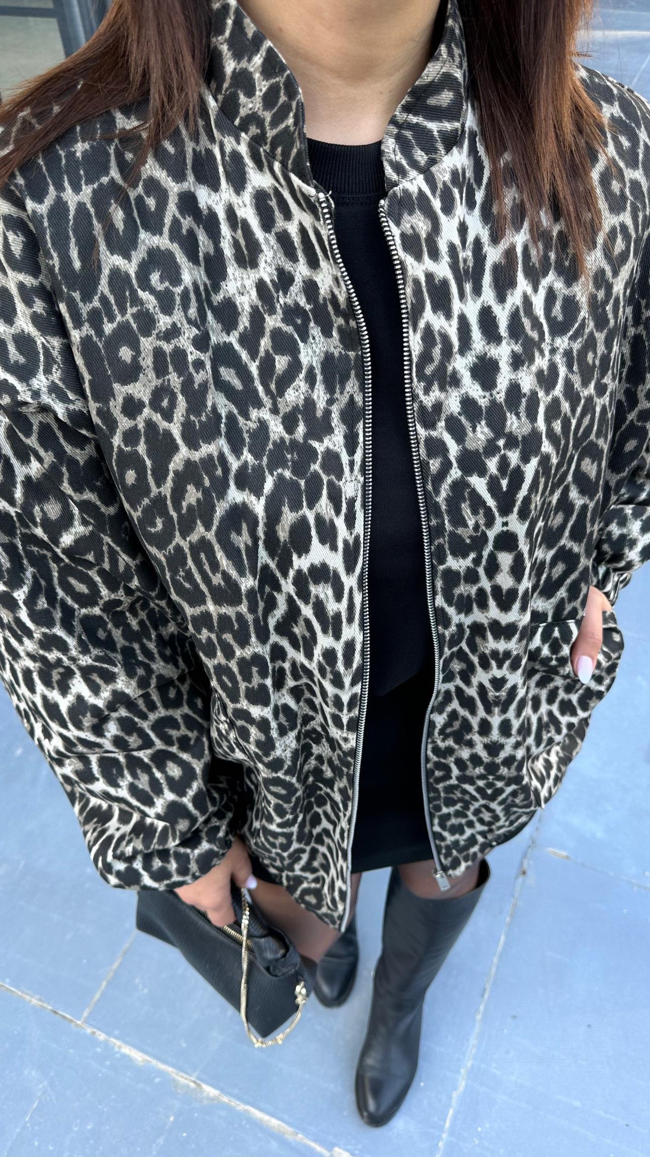 Gri Leopar Desen Bomber Ceket