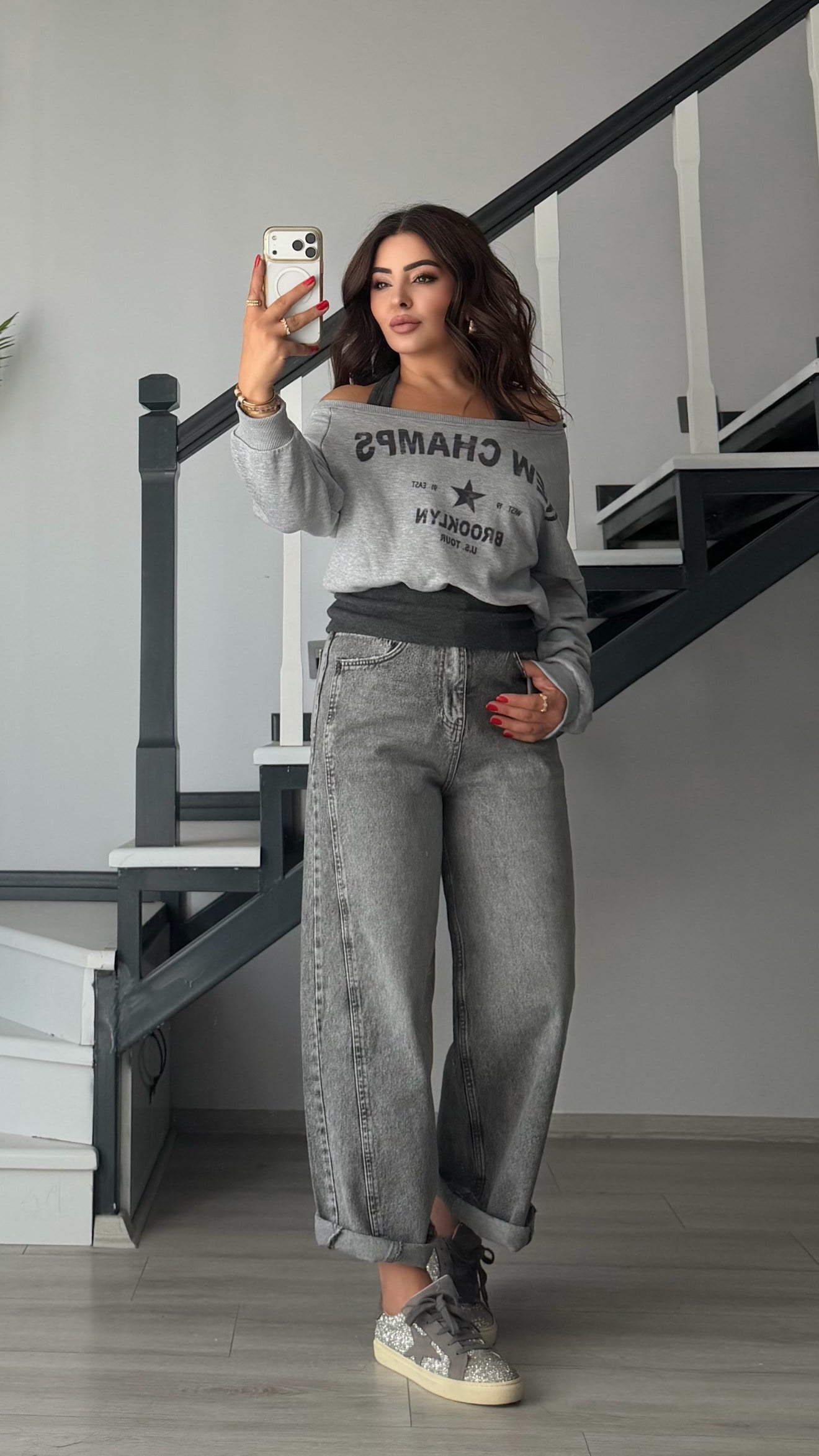 Gri Melanj Boyundan Geçmeli Tasarım Sweatshirt