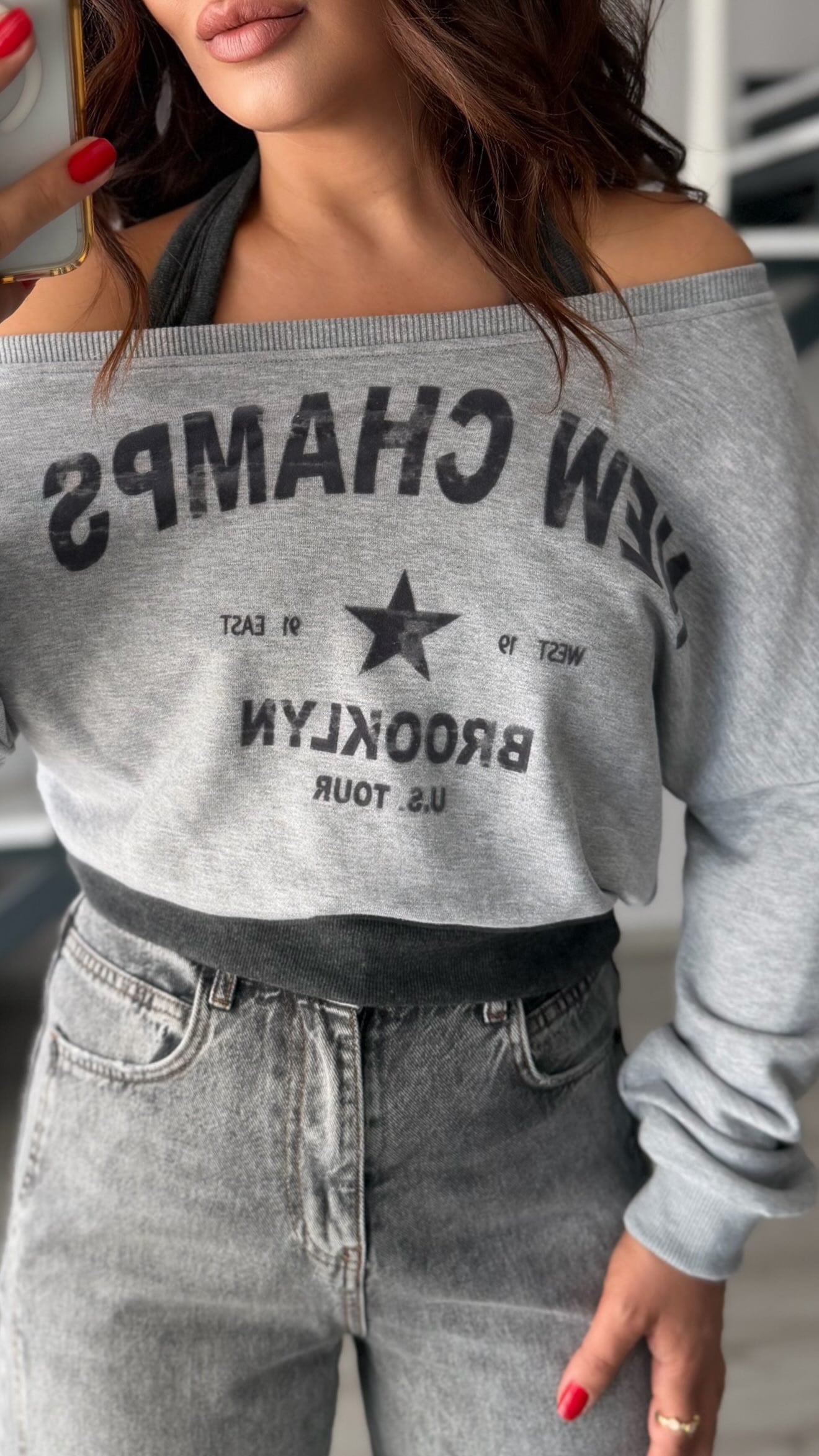Gri Melanj Boyundan Geçmeli Tasarım Sweatshirt