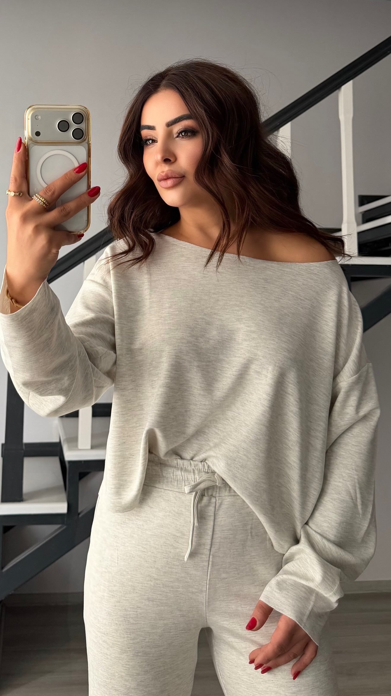 Grey Melange Boat Neck Modal Set