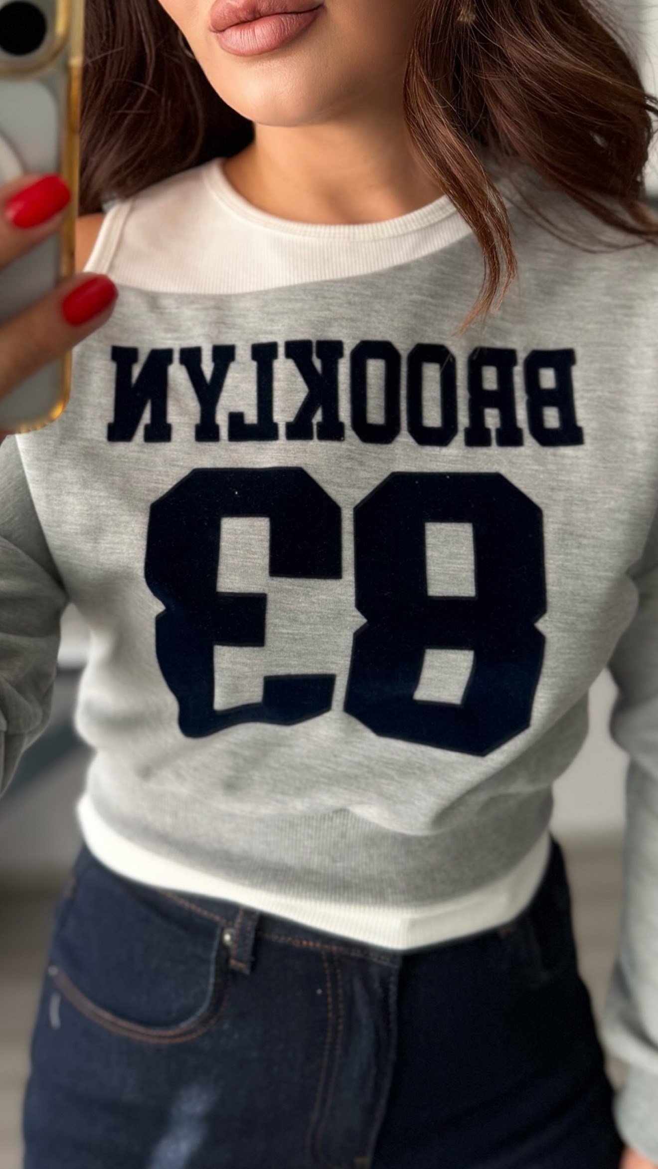 Gri Melanj Kendinden Atletli Tek Omuz Sweatshirt