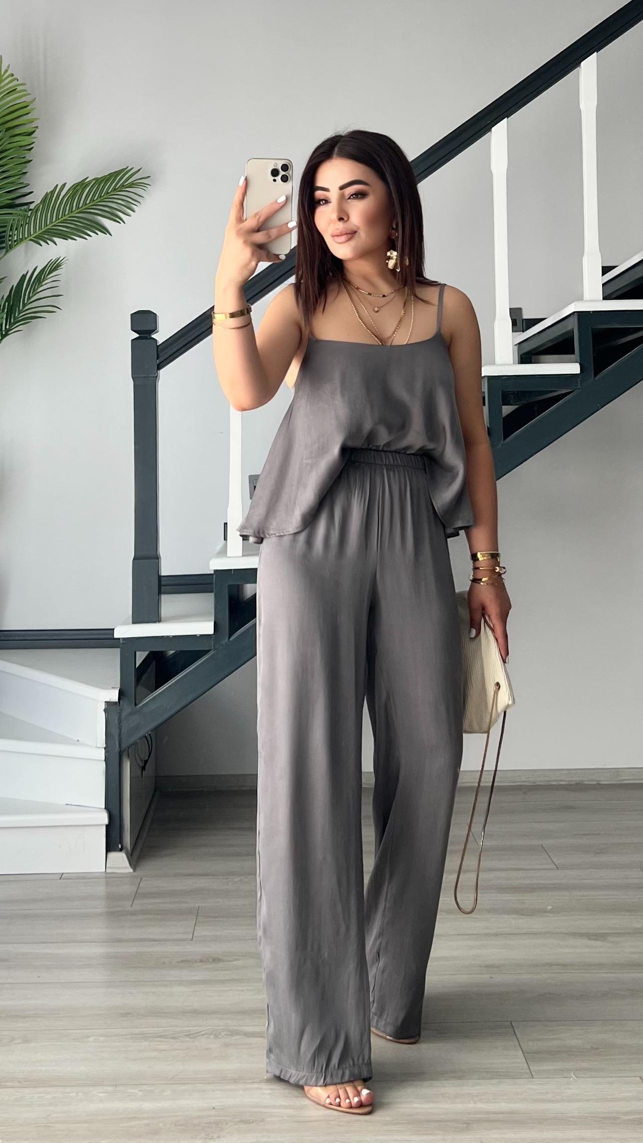 Gri Premium Tnsel Kumaş Bluz-Pantolon Takım