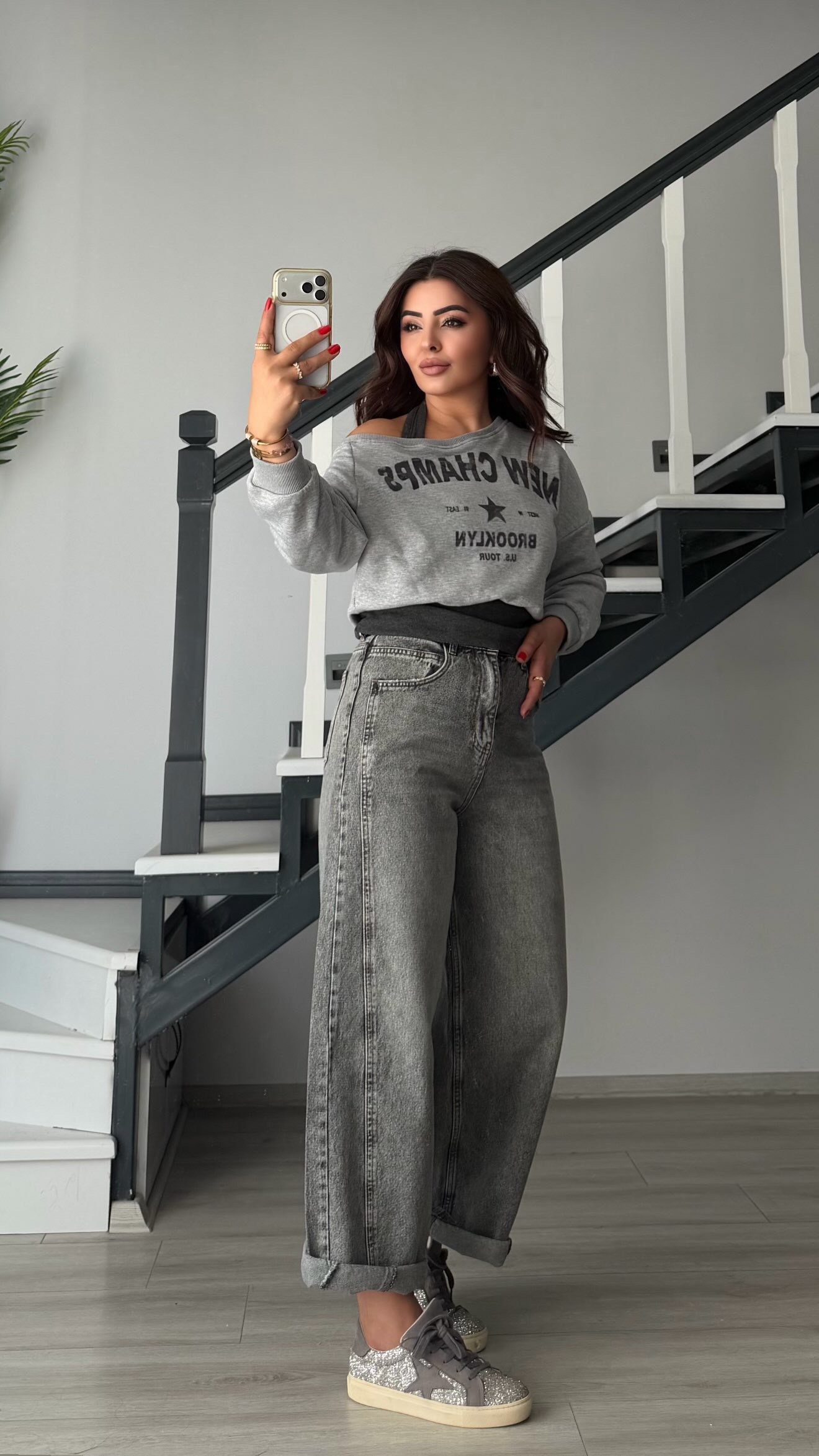 Gri Yıkamalı Yanı Çift Dikişli Baggy Jean
