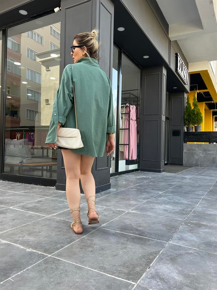 Haki Keten  Oversize Gömlek 