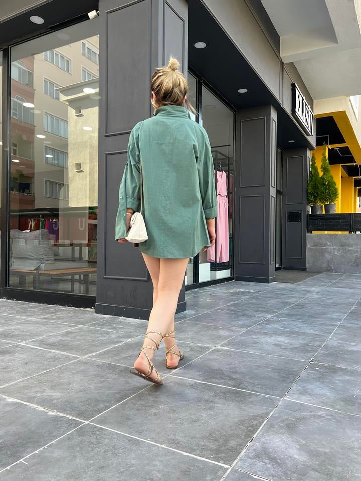Haki Keten  Oversize Gömlek 