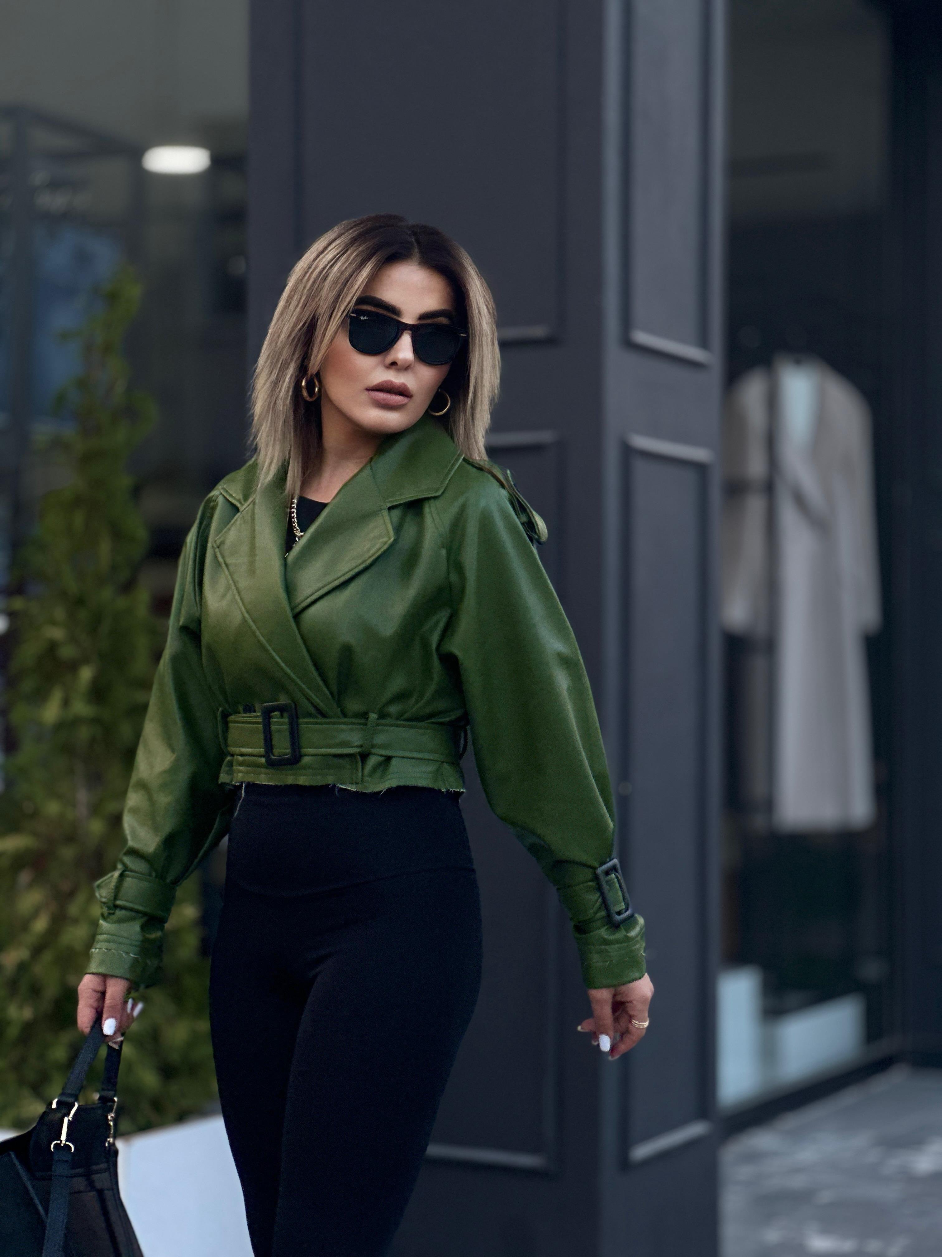 Haki Kısa Deri Ceket 