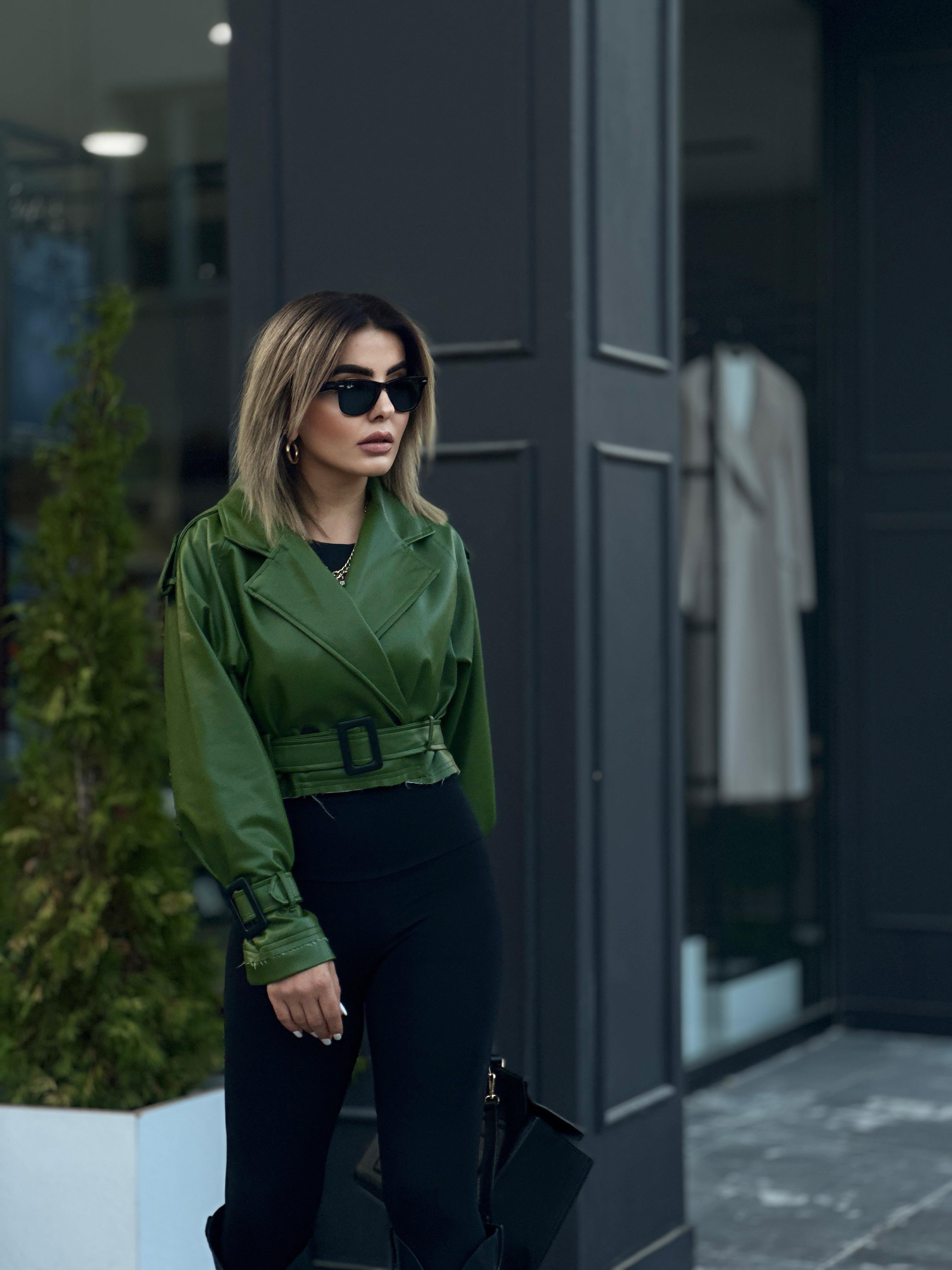 Haki Kısa Deri Ceket 