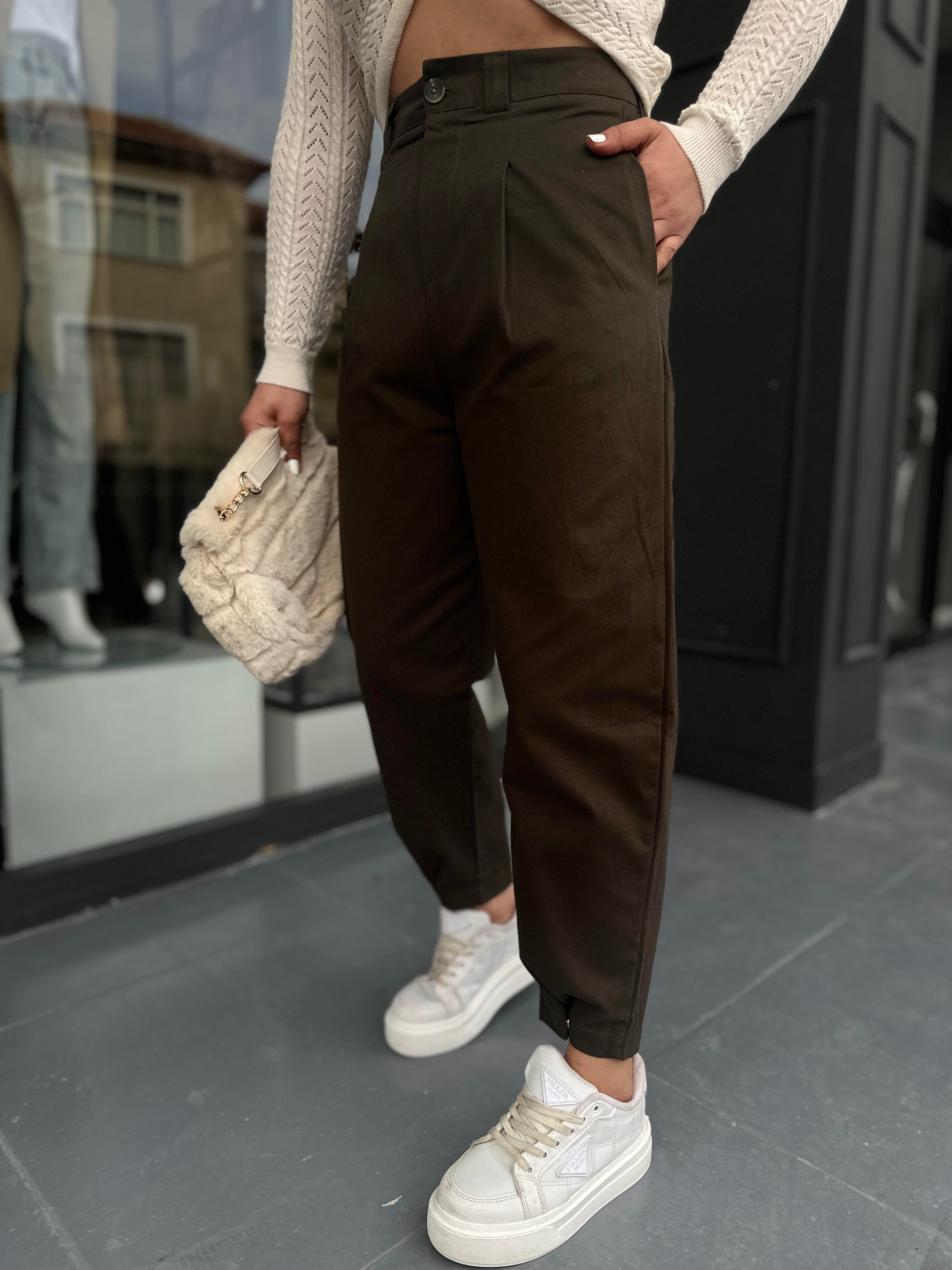 Haki Paça Çıtçıtlı Slouchy Pantolon