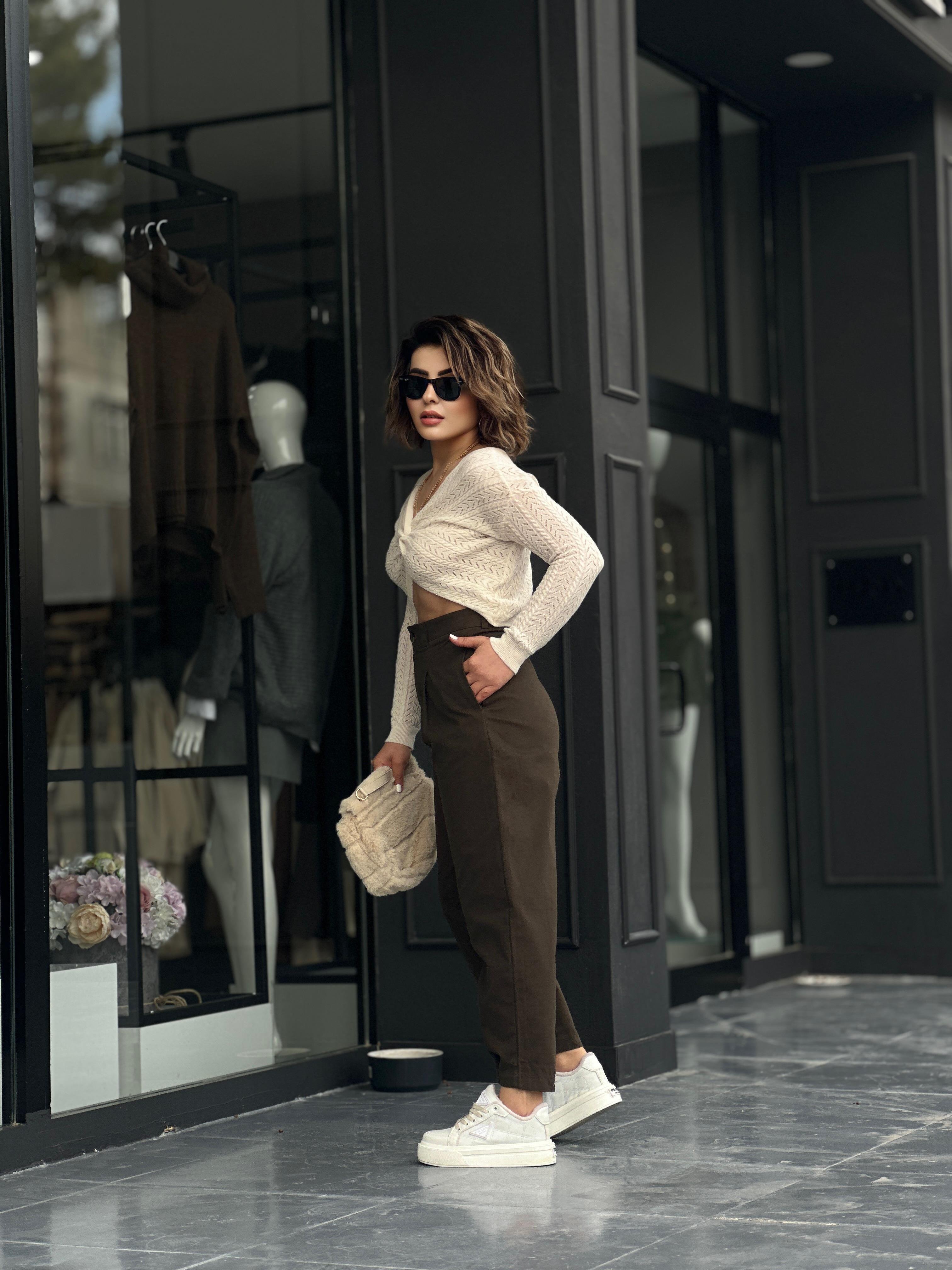 Haki Paça Çıtçıtlı Slouchy Pantolon