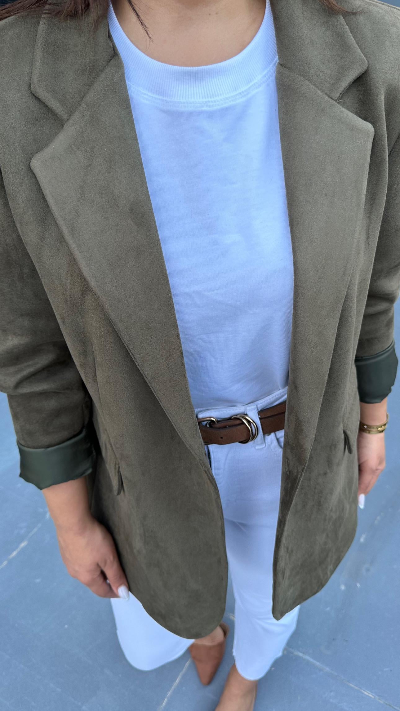 Haki Premium Tek Düğme Süet Blazer Ceket