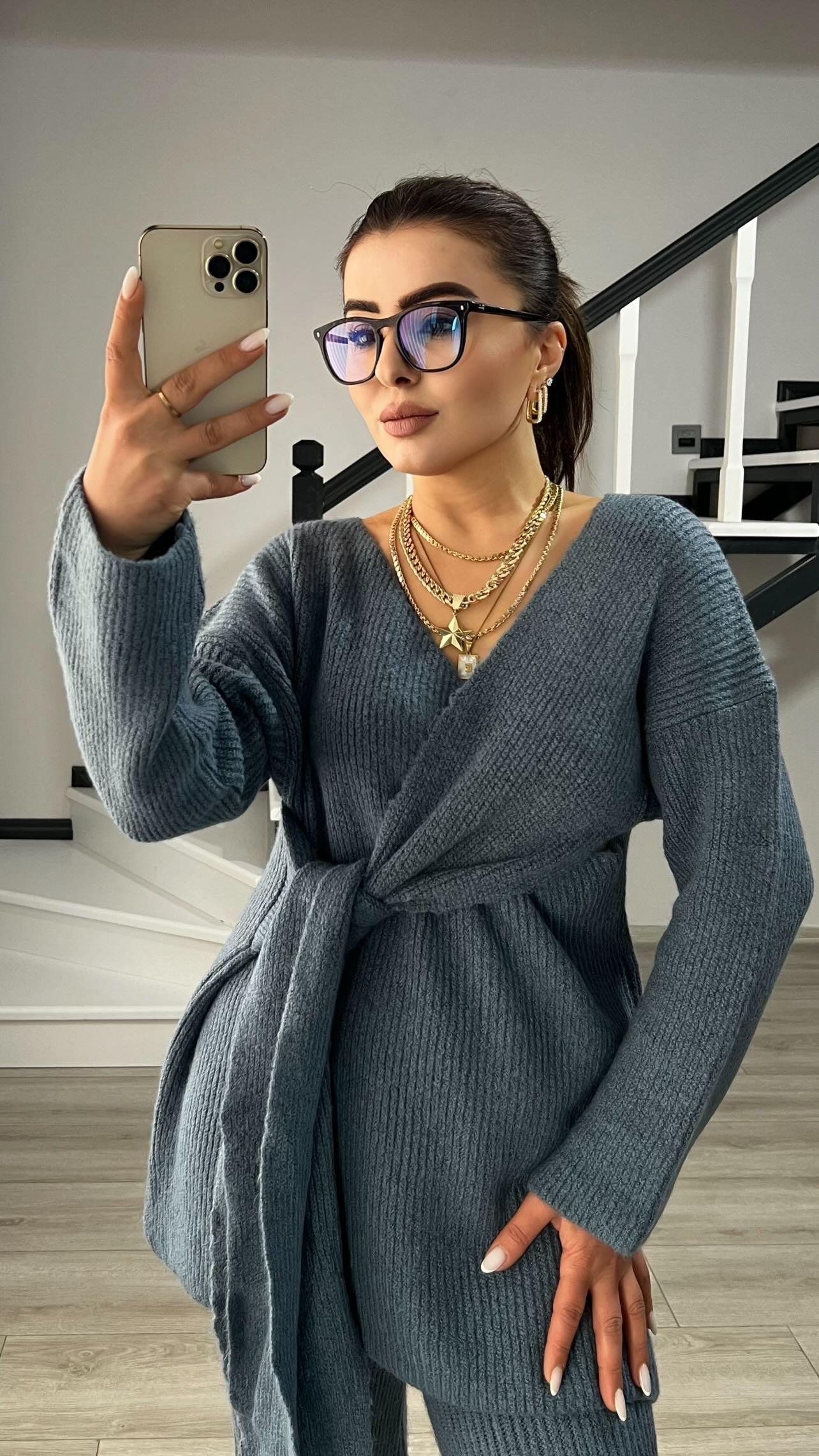 İndigo Bağlama Detaylı Triko Takım