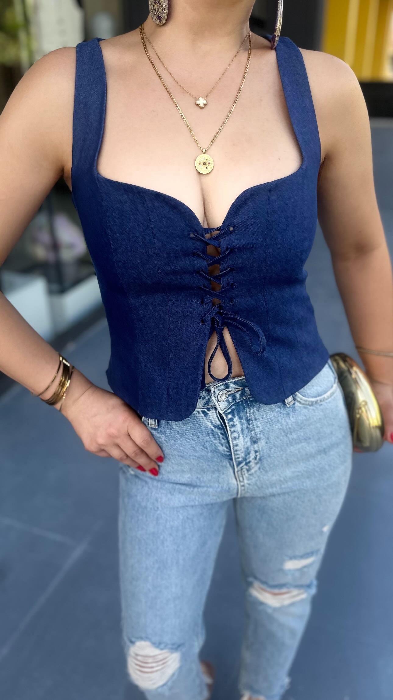 İndigo Korse Görünümlü Bluz 
