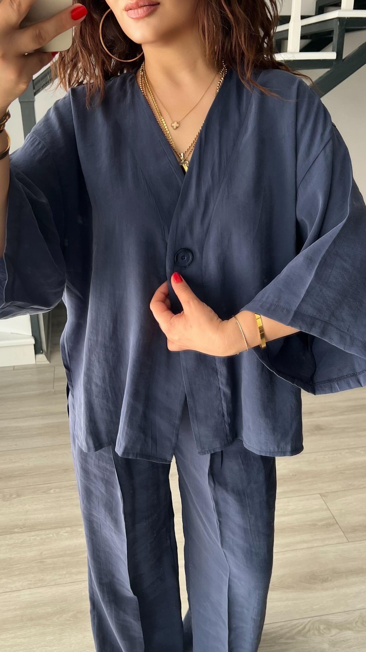 İndigo Tnsel Tek Düğme Bluz