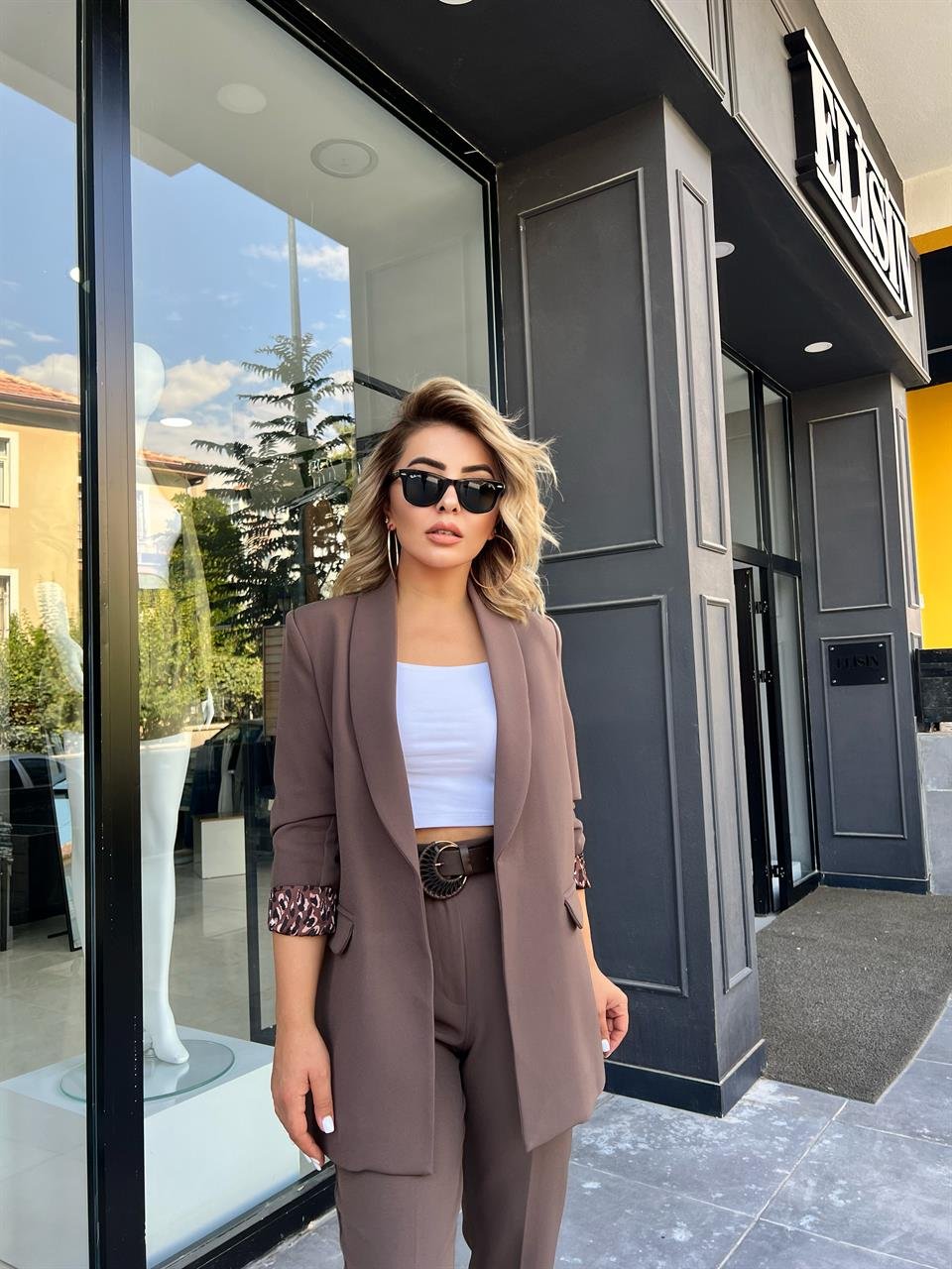 Kahve Astarı Leopar Desenli Blazer Ceket 
