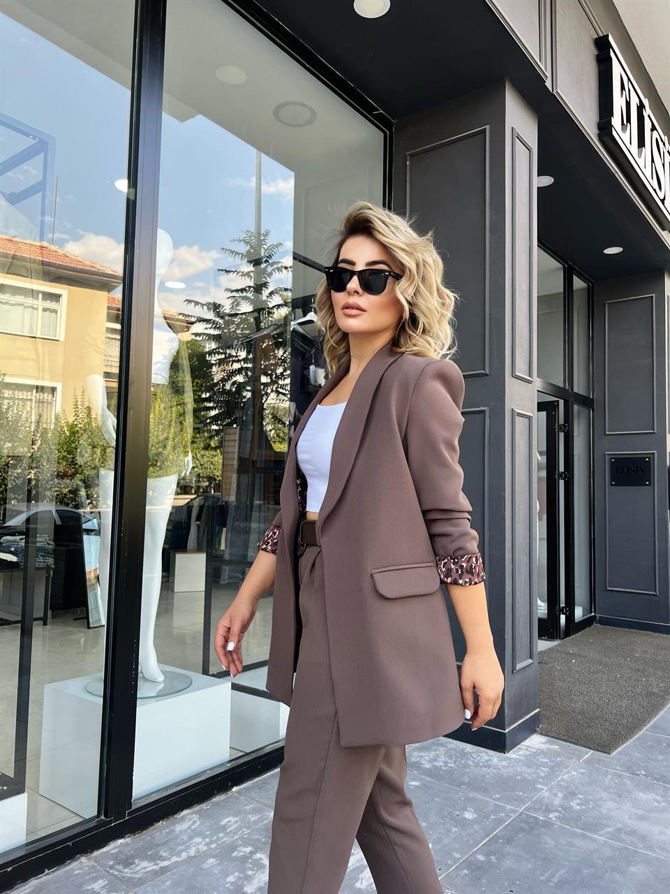 Kahve Astarı Leopar Desenli Blazer Ceket 