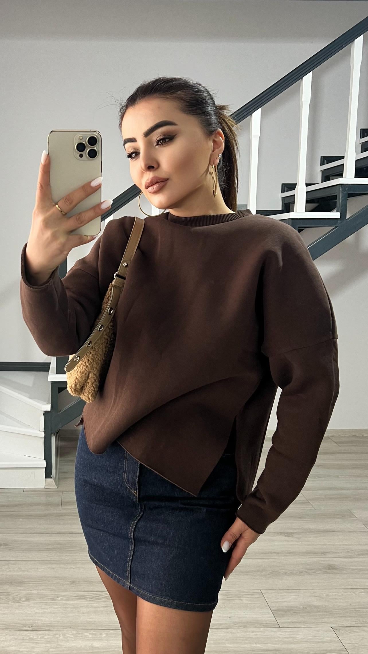 Kahve Basic Yan Yırtmaçlı Sweatshirt