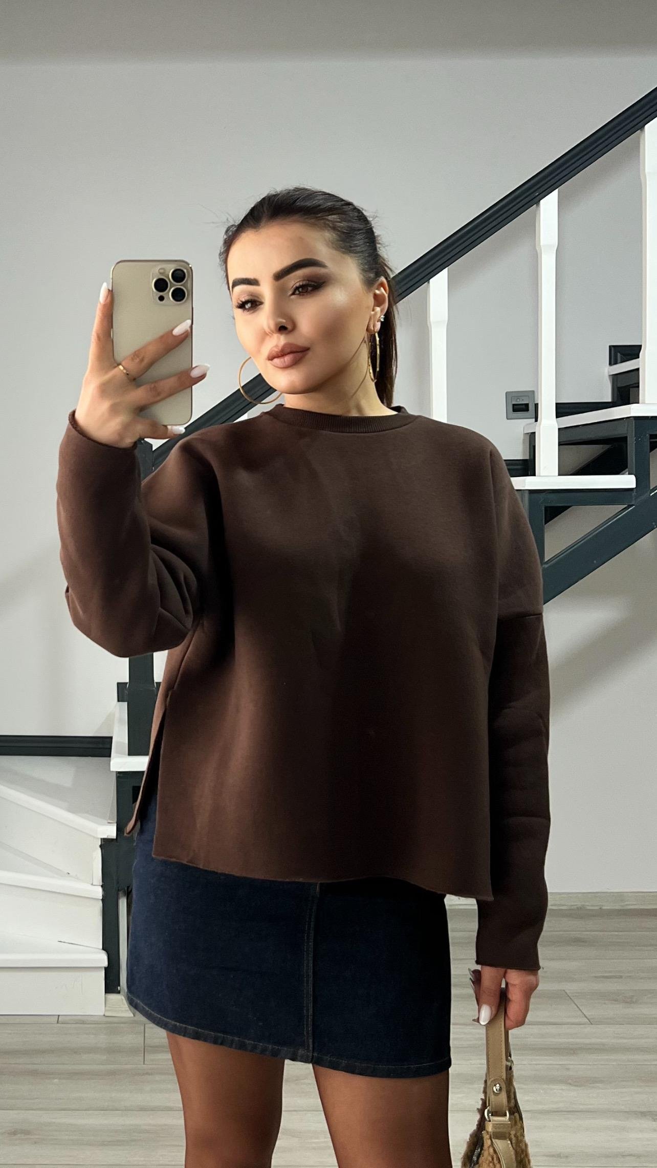 Kahve Basic Yan Yırtmaçlı Sweatshirt