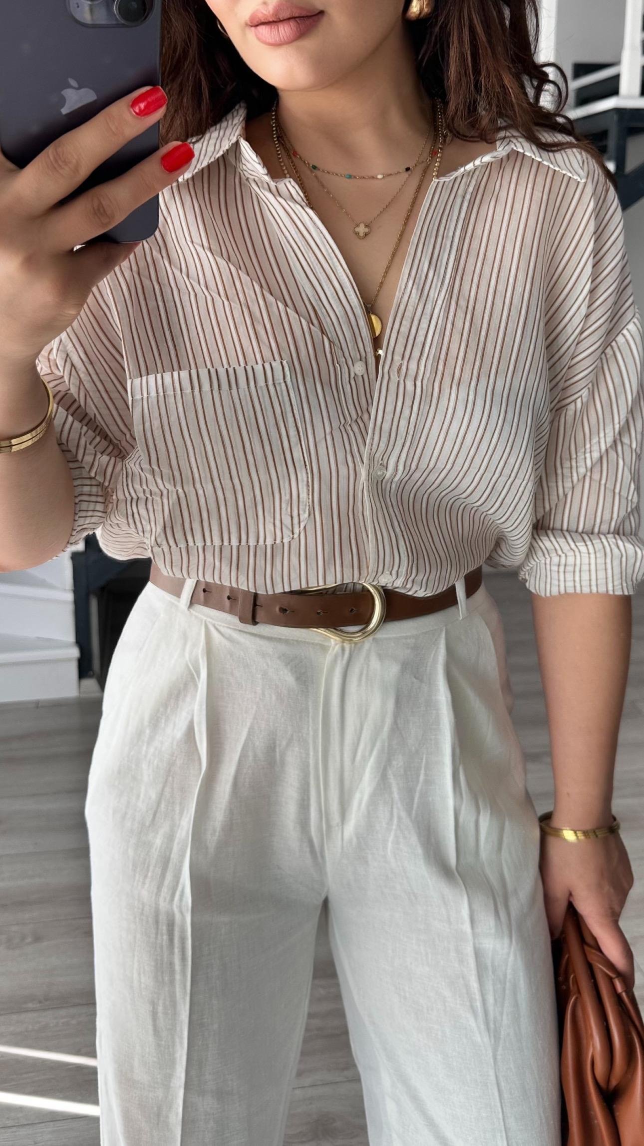 Kahve Boydan Çizgili Oversize Gömlek