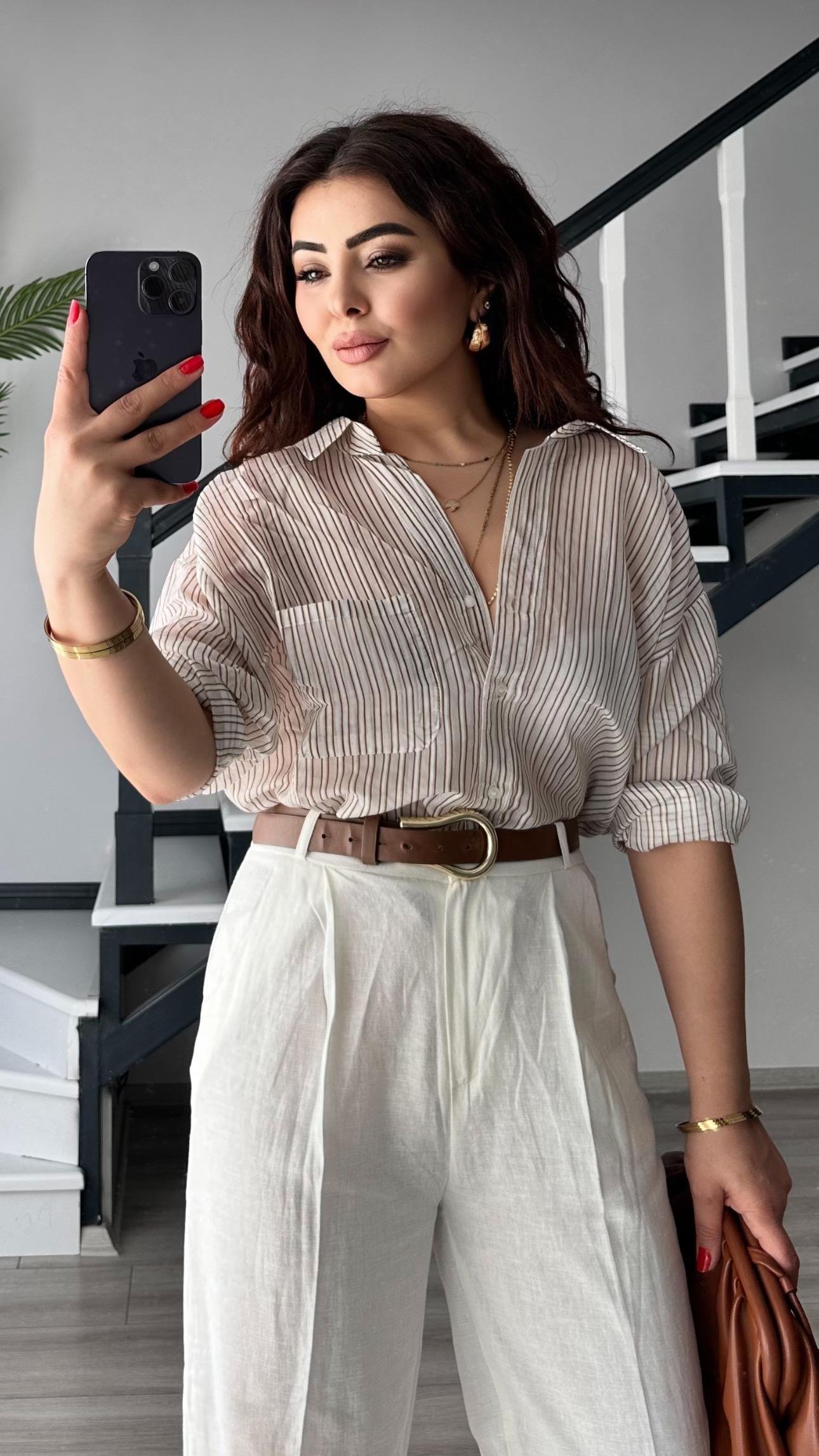 Kahve Boydan Çizgili Oversize Gömlek
