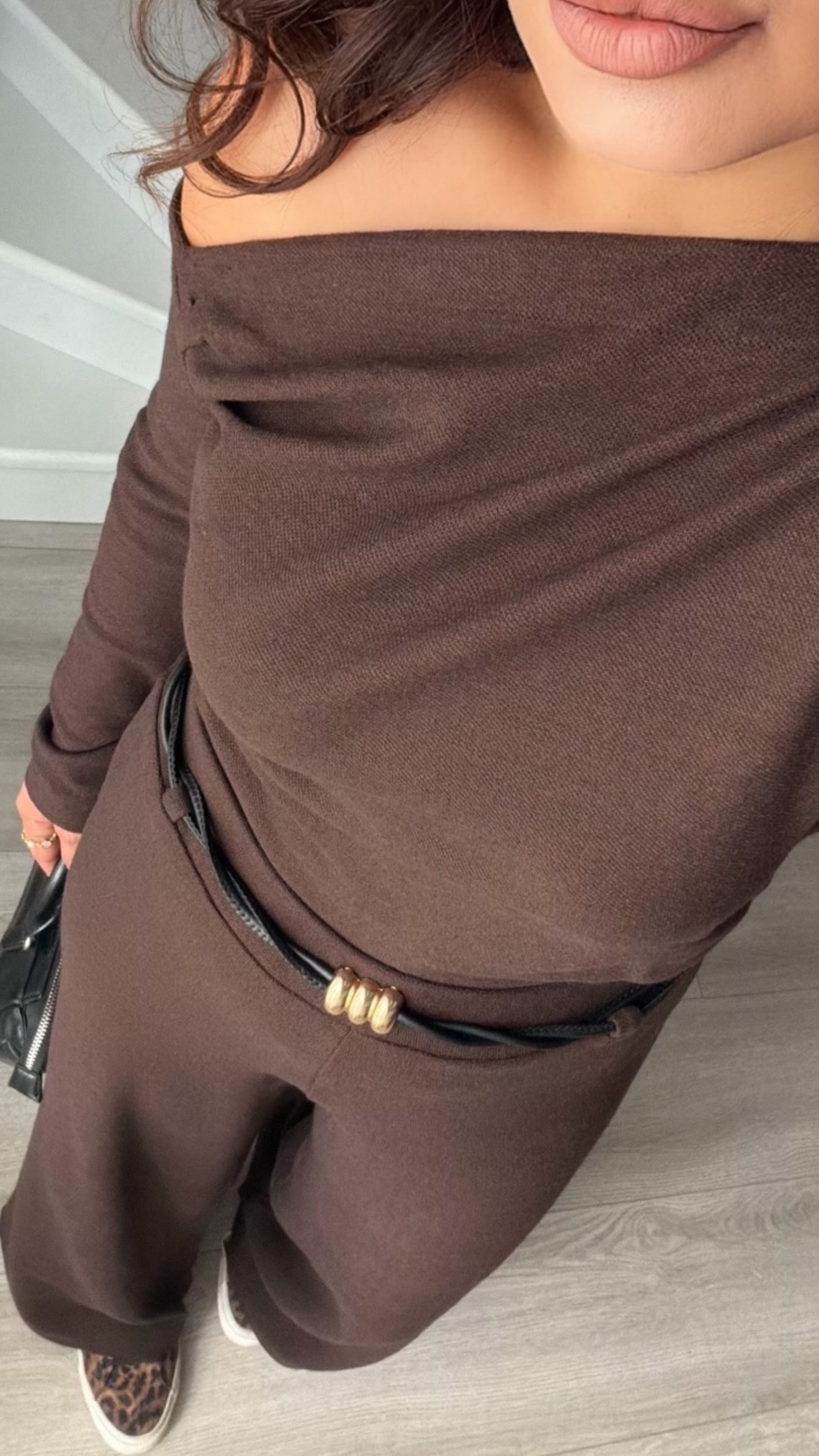 Kahve Çelik Örme Düşük Omuz Bluz-Pantolon Takım