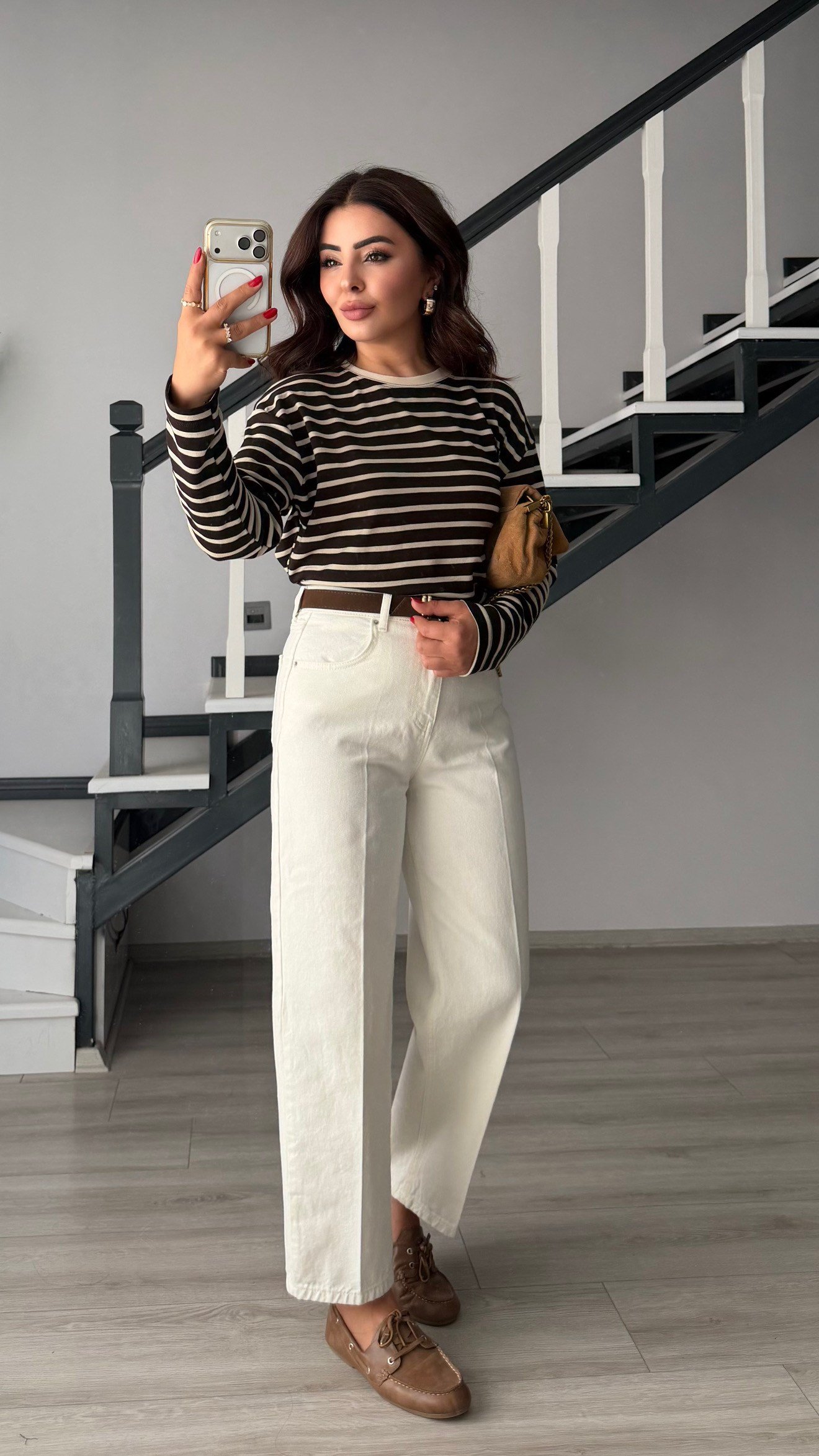 Kahve-Ekru Çizgili 2 İplik Sweatshirt