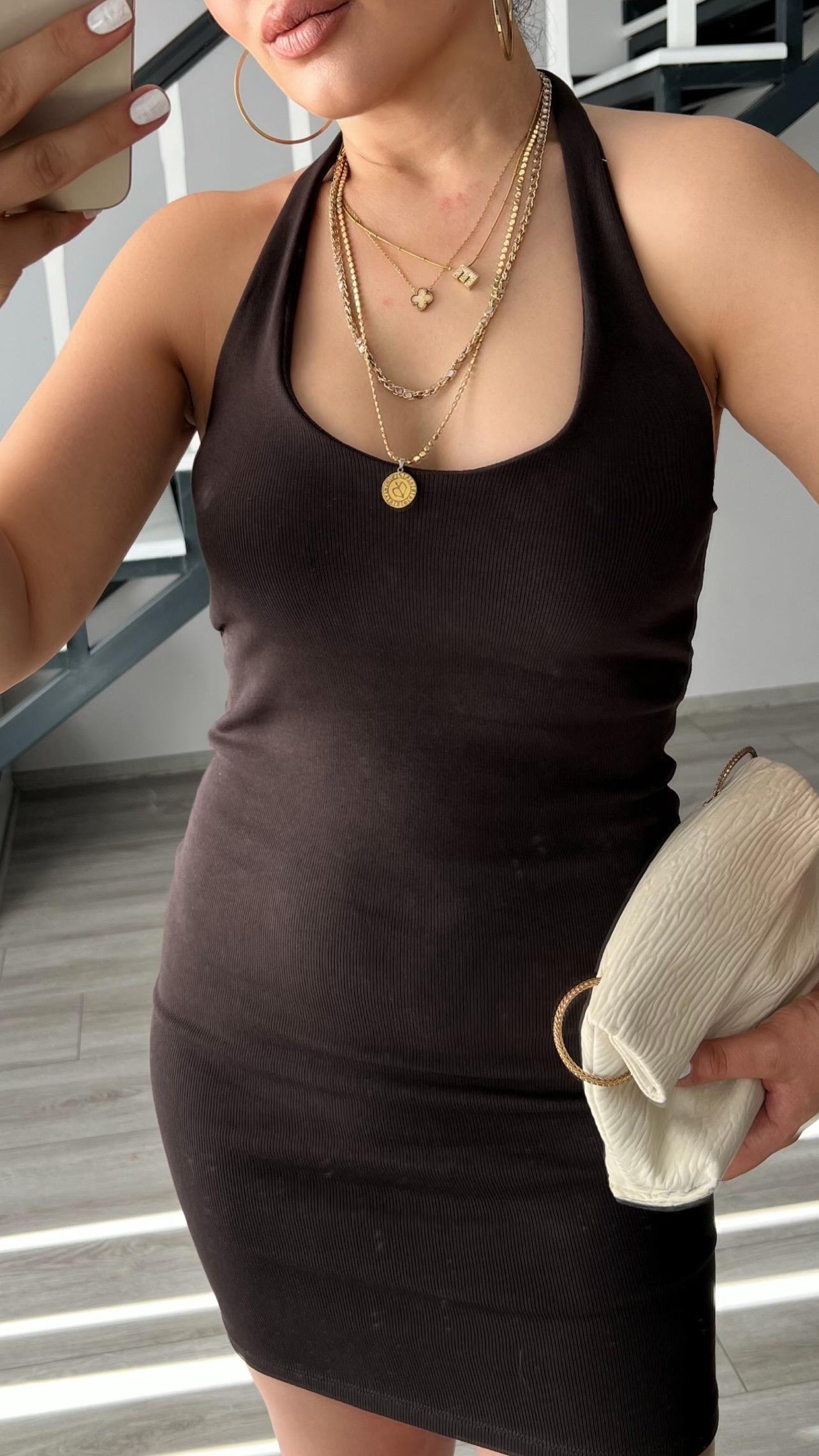 Kahve Halter Yaka Mini Elbise