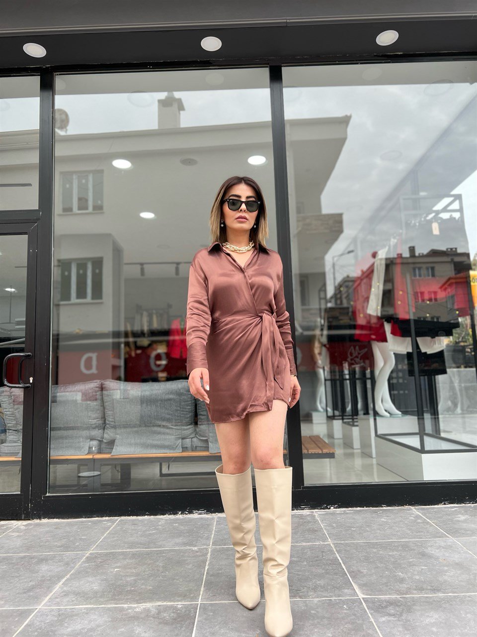 Kahve Kapaklı Mini Elbise
